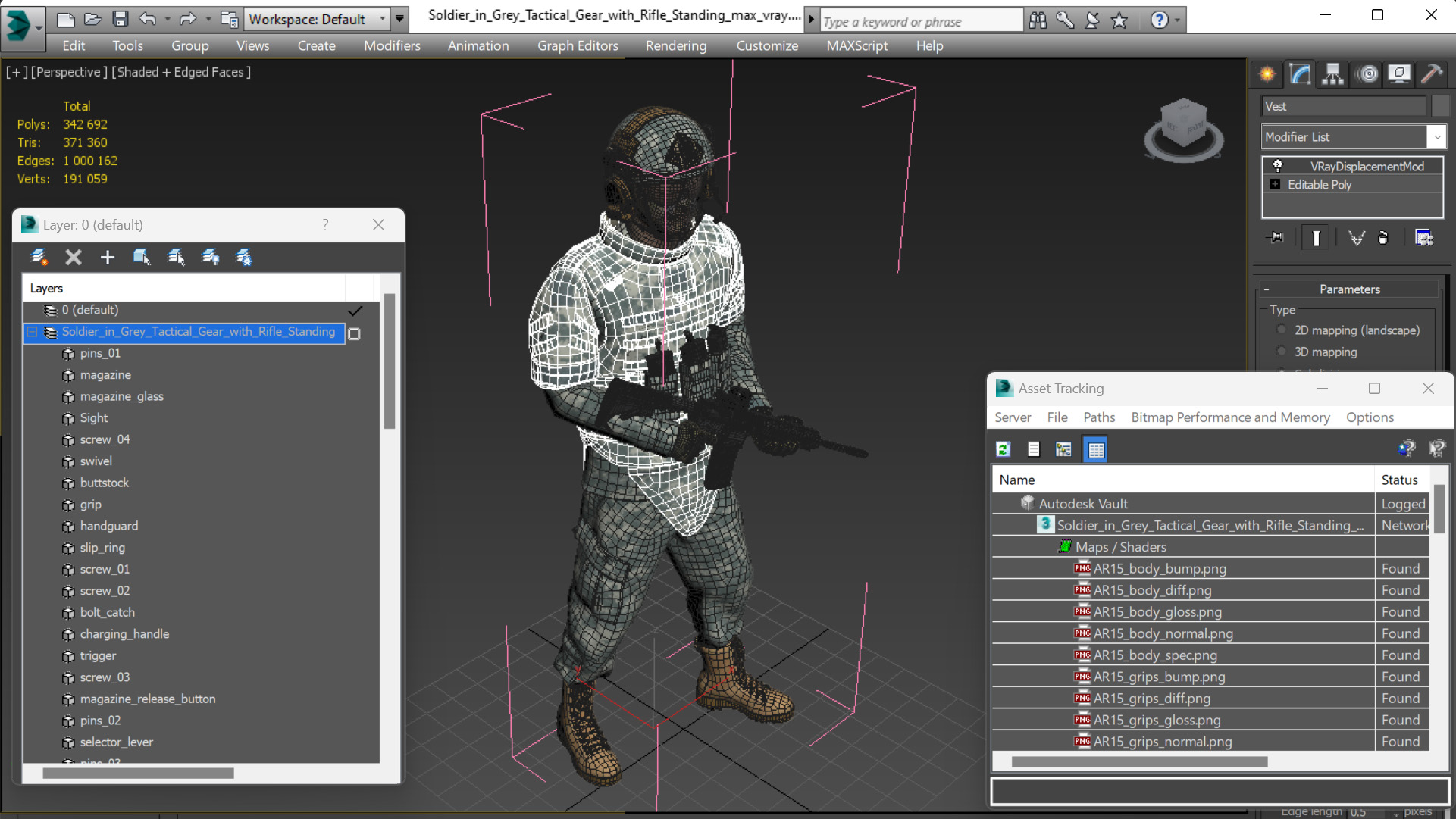Soldier in Grey Tactical Gear with Rifle Standing 3D model