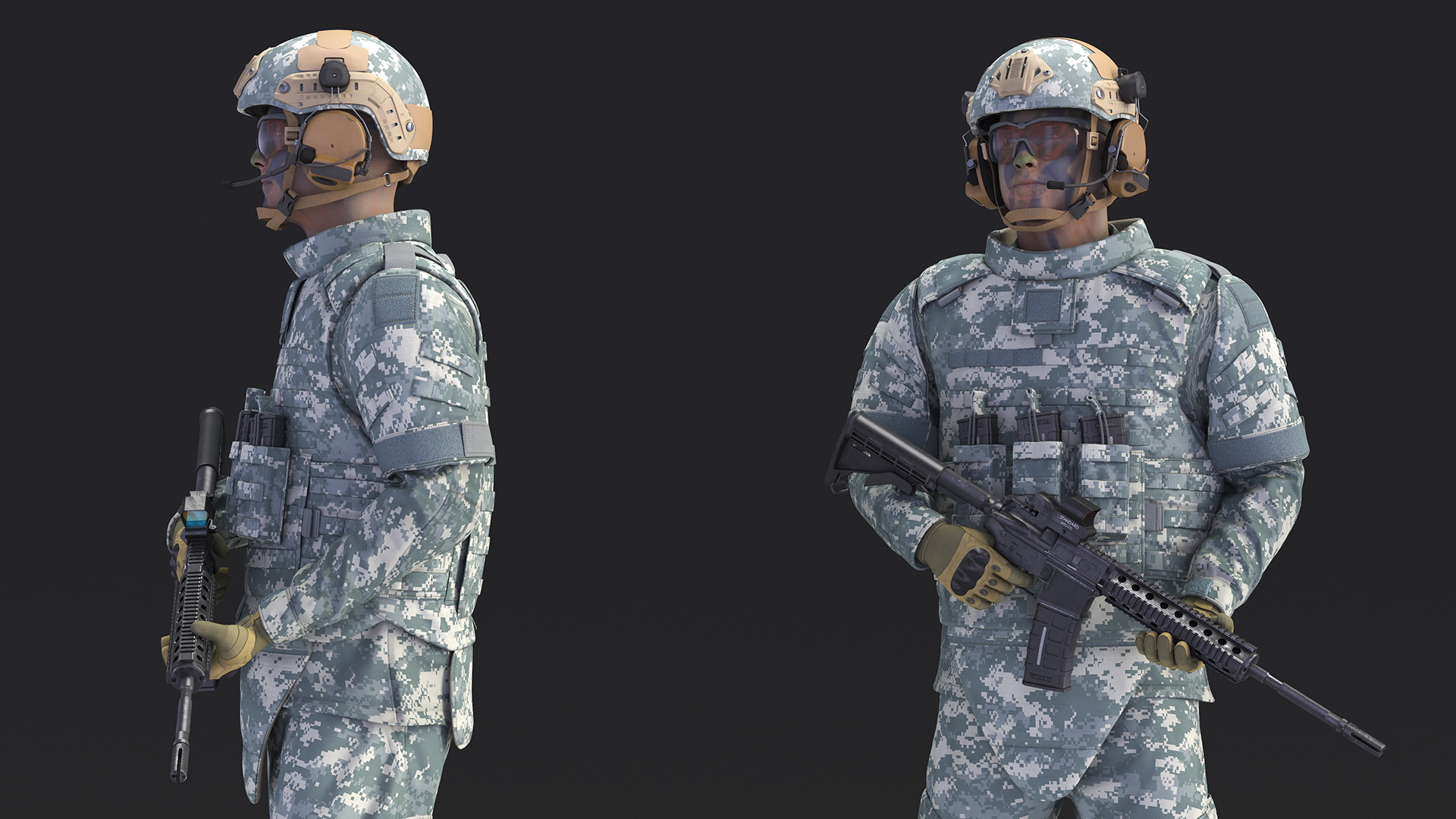 Soldier in Grey Tactical Gear with Rifle Standing 3D model