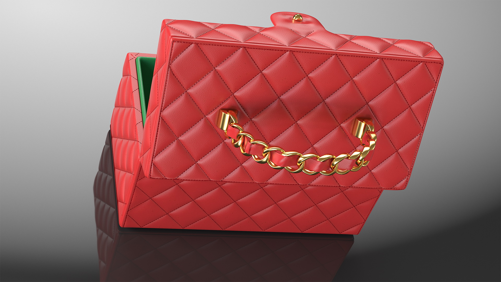 Vintage Crimson Quilted Cosmetic Bag Train Case Open 3D