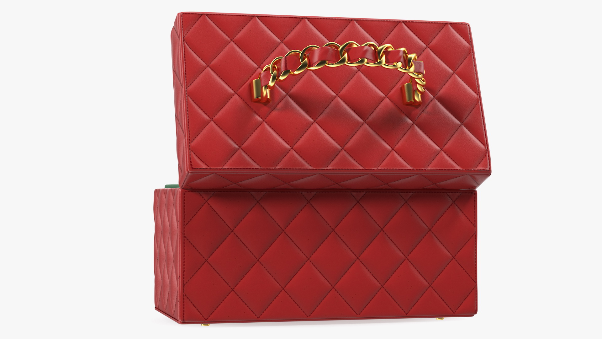Vintage Crimson Quilted Cosmetic Bag Train Case Open 3D