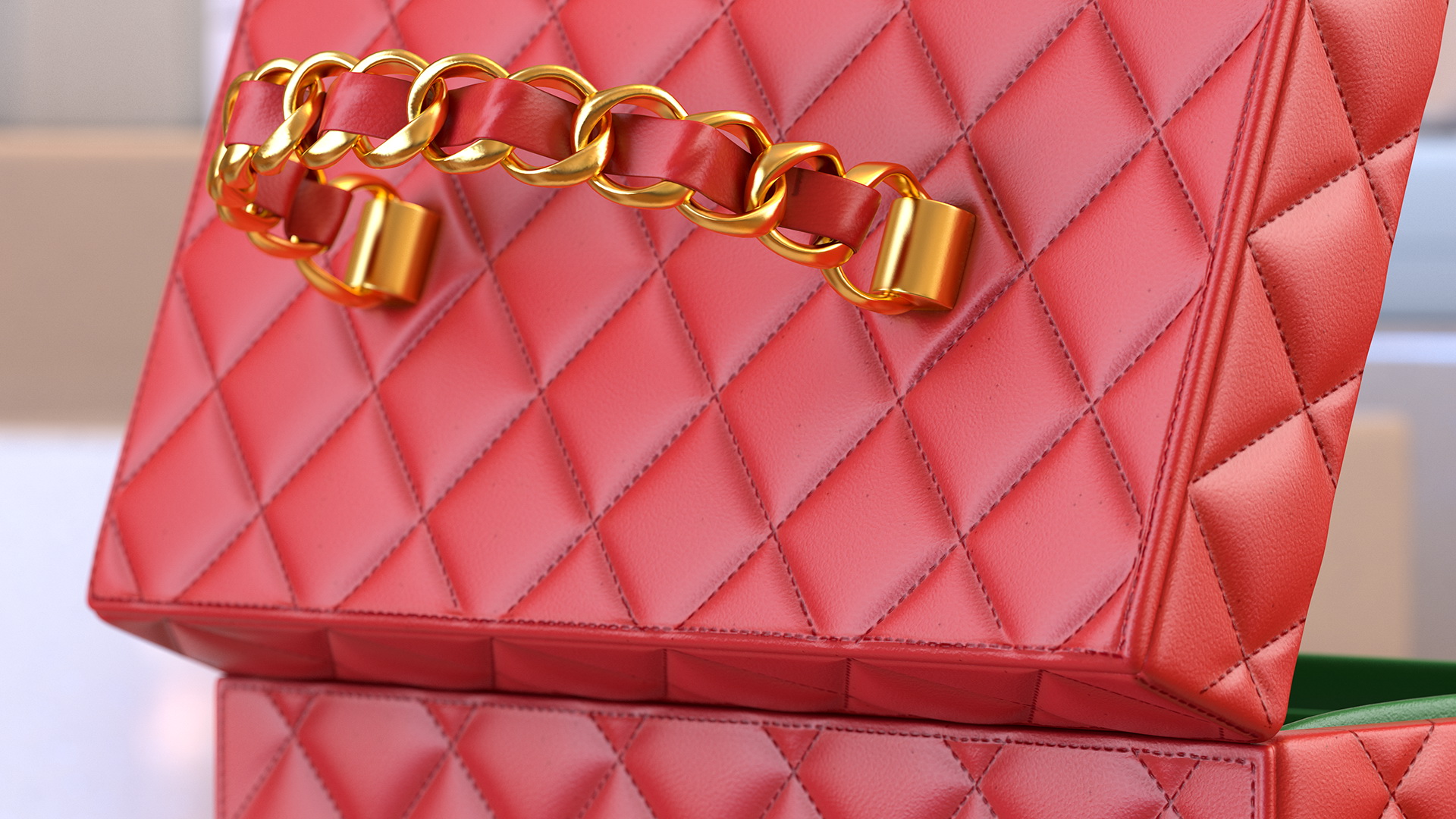 Vintage Crimson Quilted Cosmetic Bag Train Case Open 3D