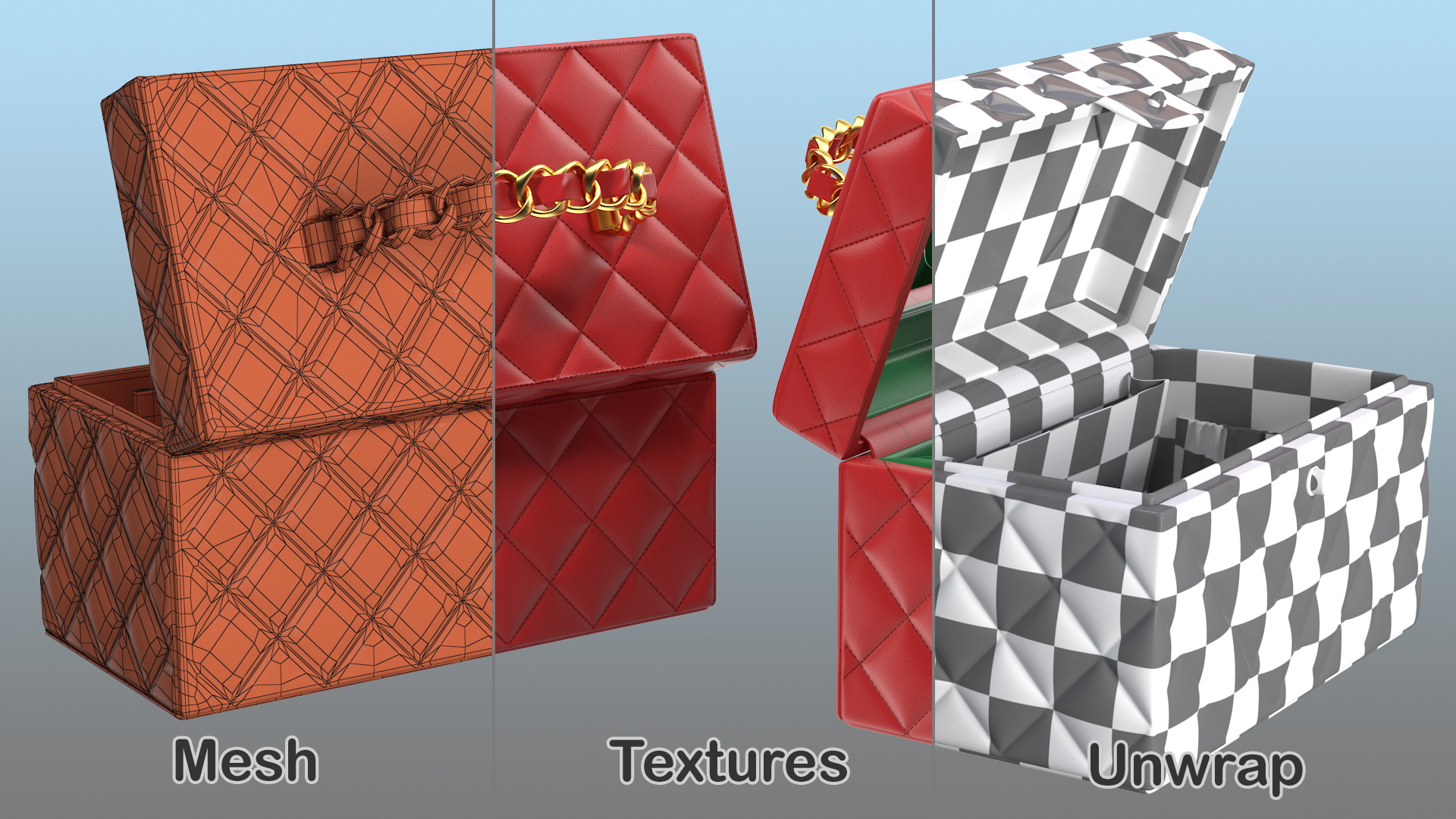 Vintage Crimson Quilted Cosmetic Bag Train Case Open 3D