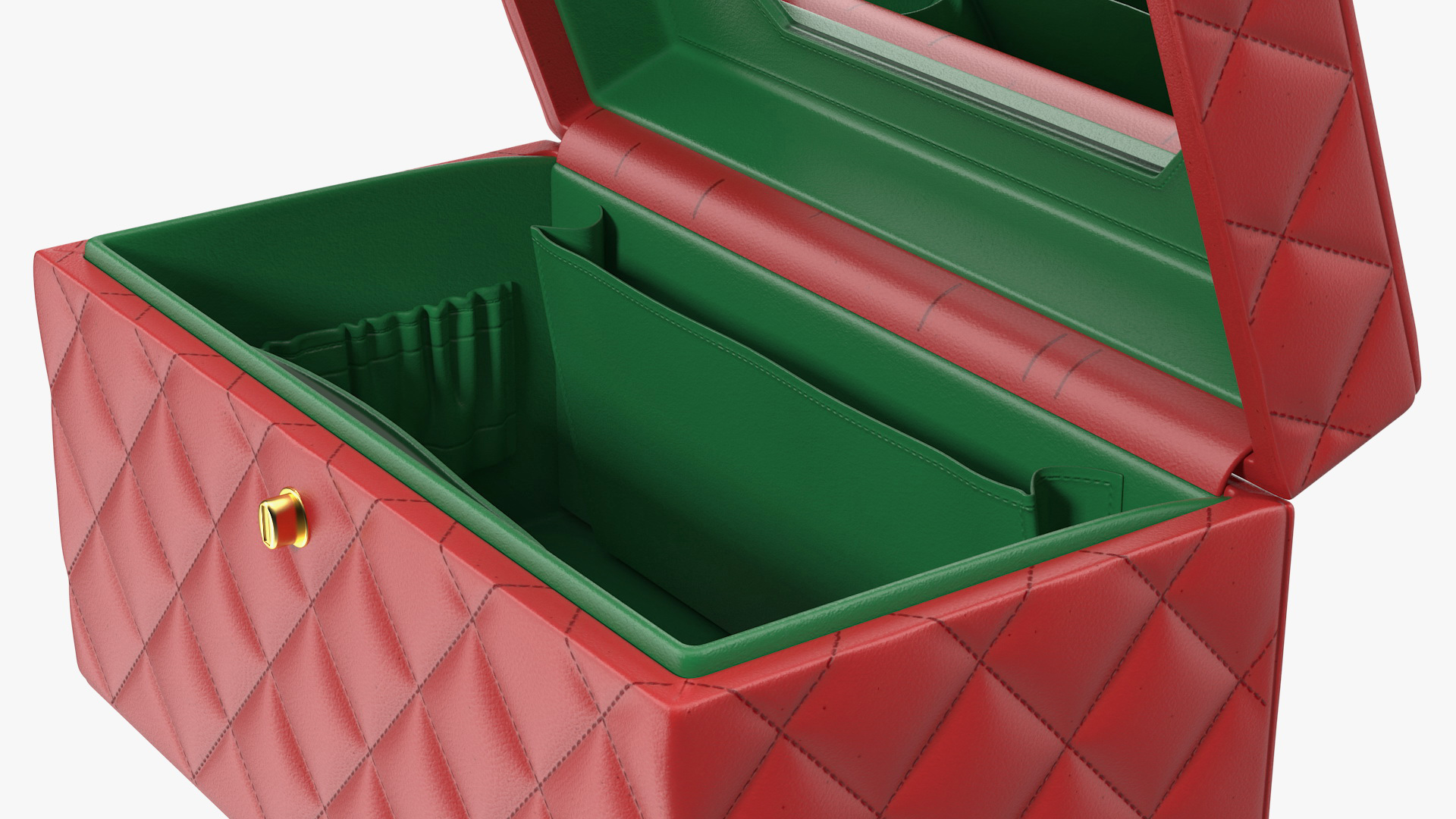 Vintage Crimson Quilted Cosmetic Bag Train Case Open 3D