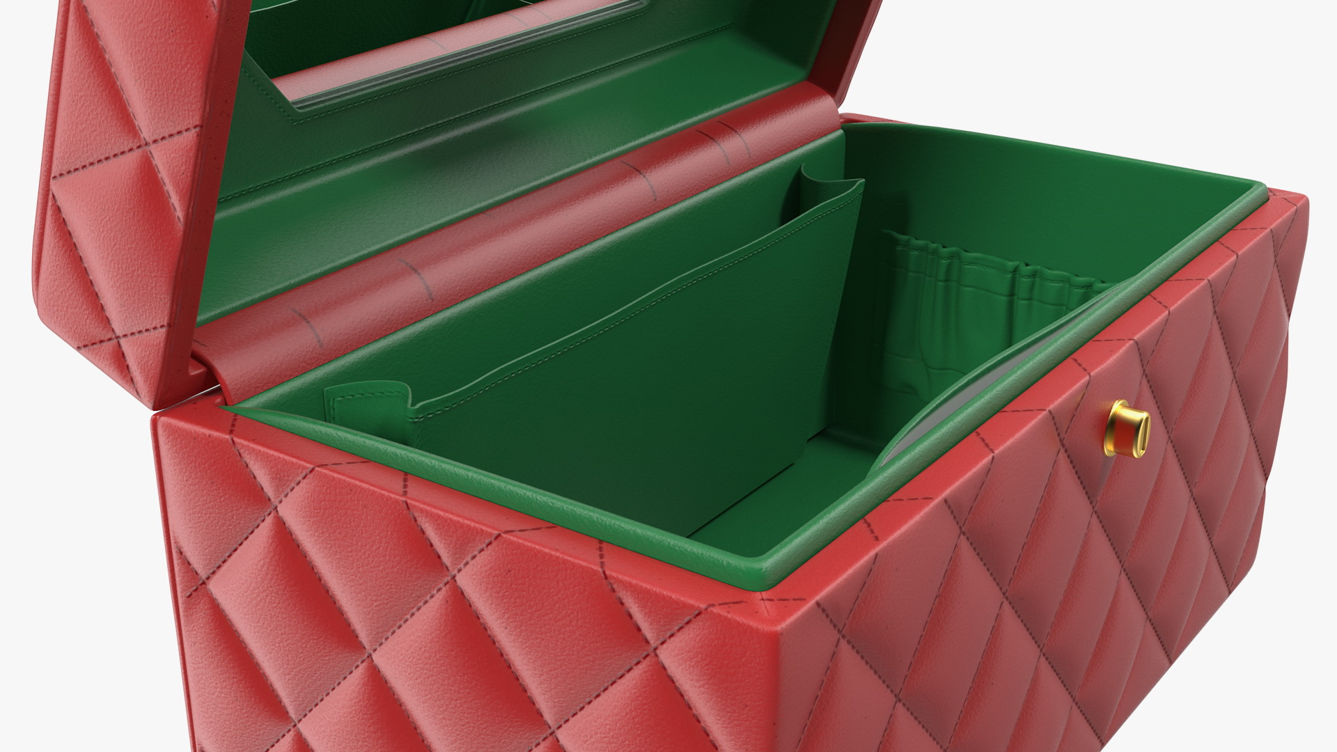 Vintage Crimson Quilted Cosmetic Bag Train Case Open 3D