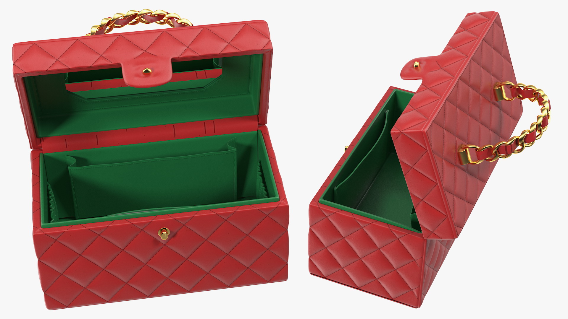 Vintage Crimson Quilted Cosmetic Bag Train Case Open 3D
