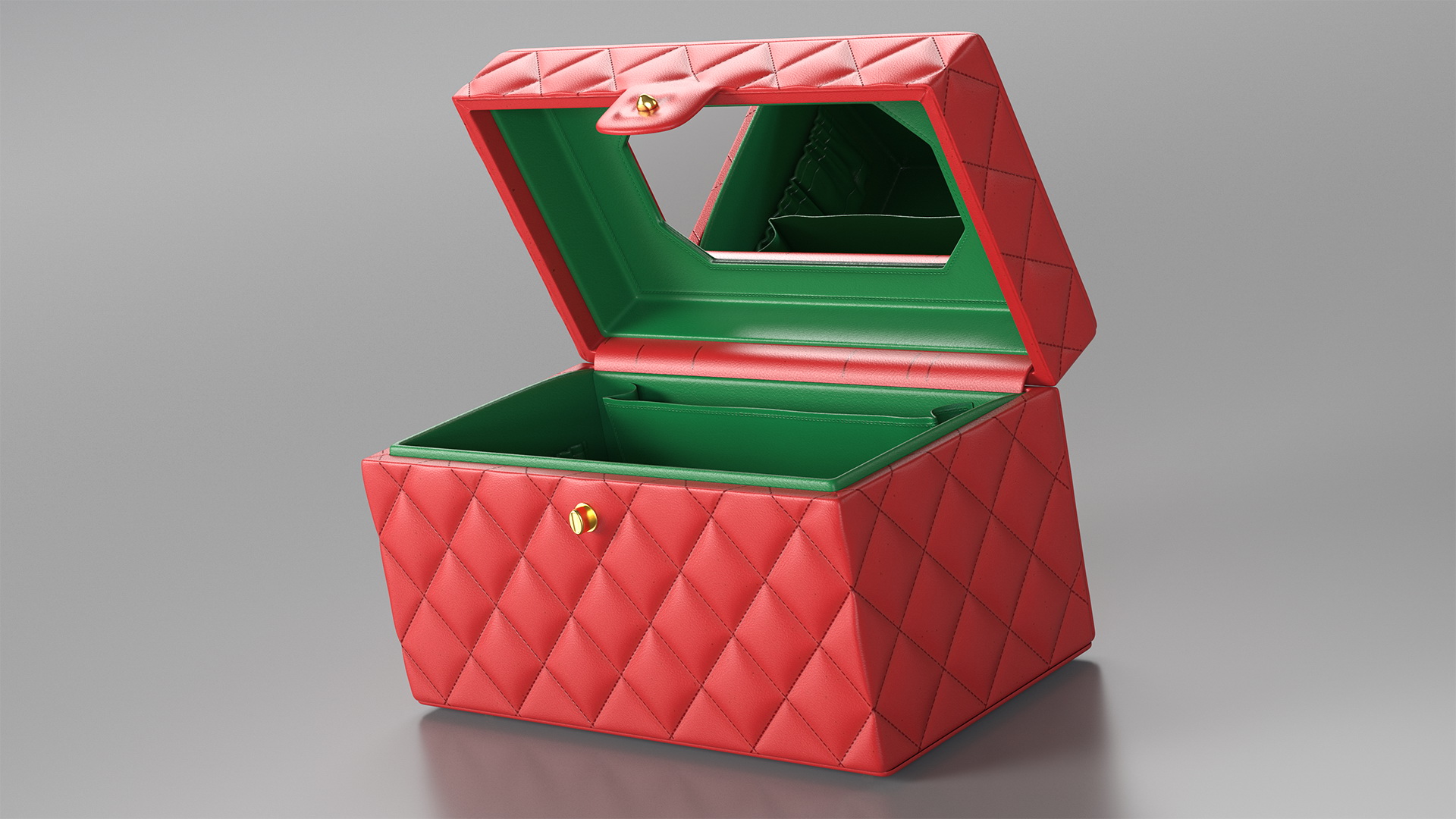 Vintage Crimson Quilted Cosmetic Bag Train Case Open 3D