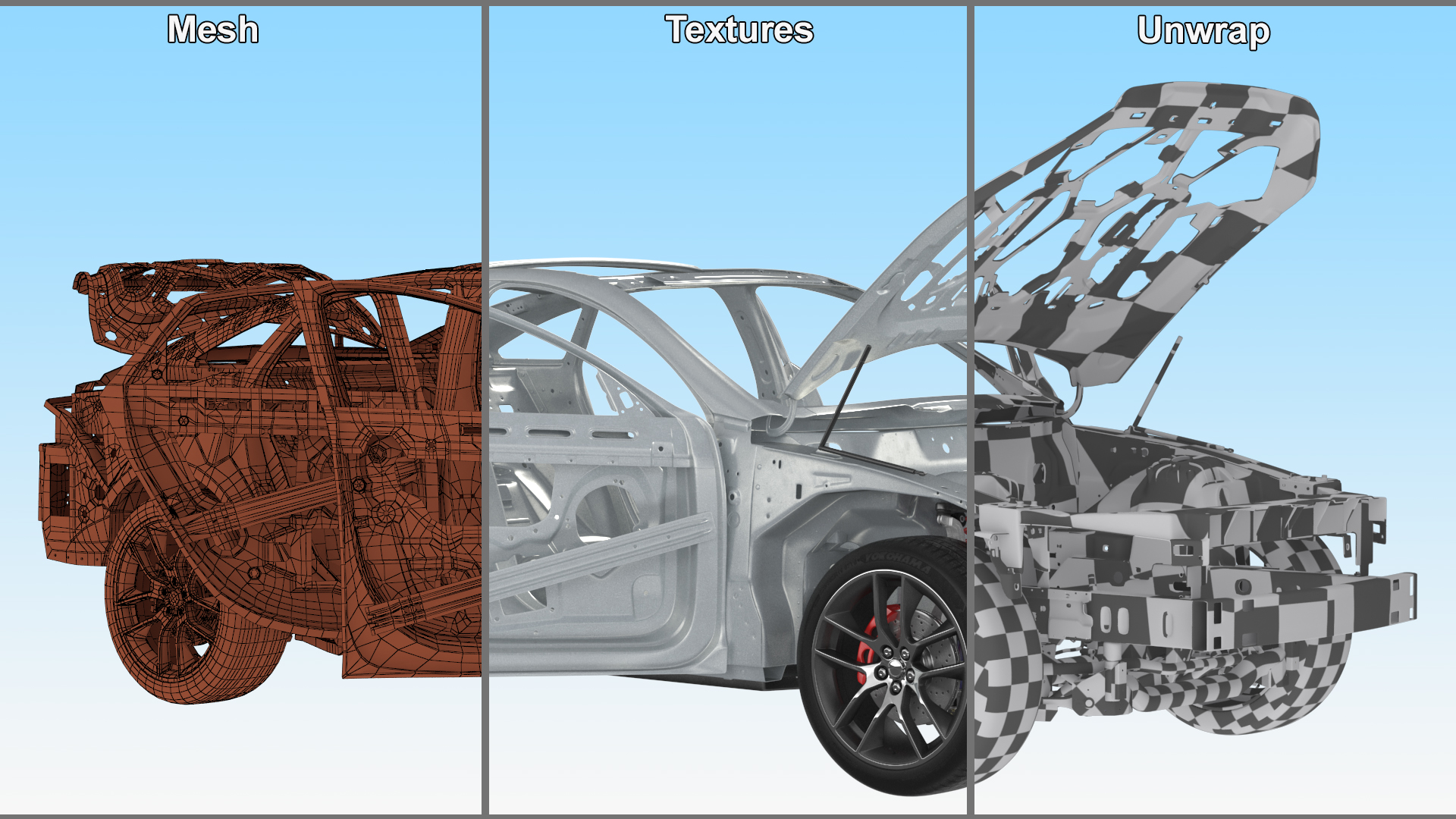 Car Frame and Chassis with Wheels Rigged for Cinema 4D 3D model