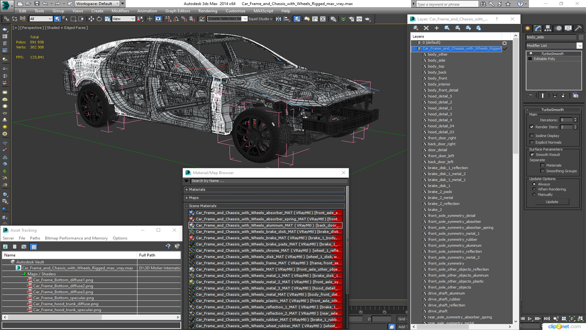 Car Frame and Chassis with Wheels Rigged for Cinema 4D 3D model