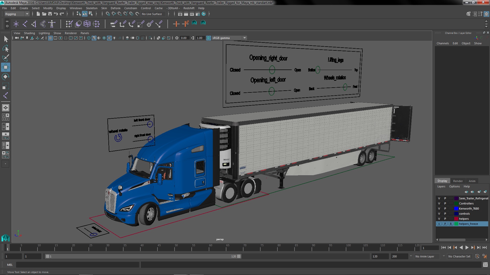 Kenworth Truck with Vanguard Reefer Trailer Rigged for Maya 3D model