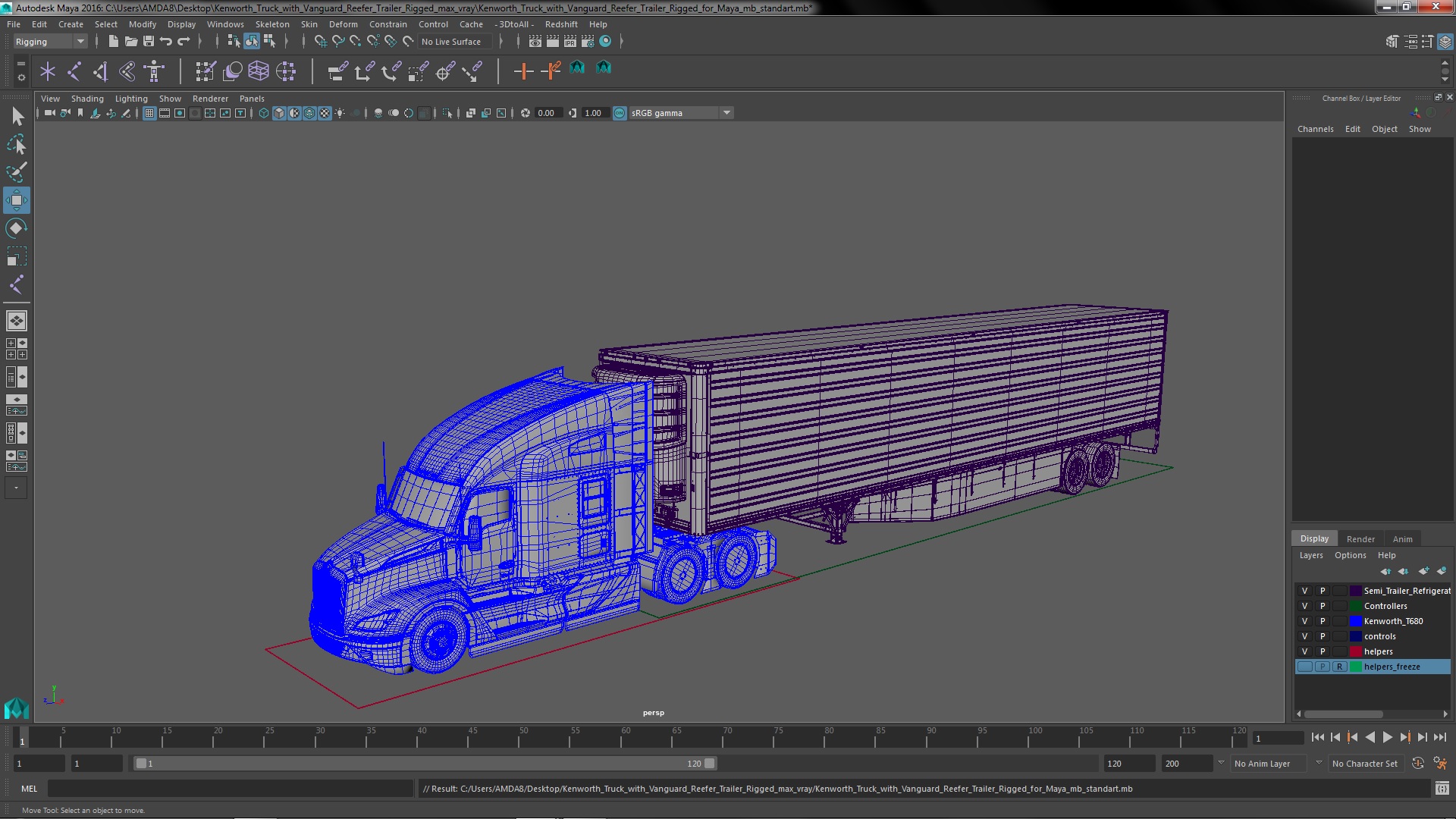 Kenworth Truck with Vanguard Reefer Trailer Rigged for Maya 3D model
