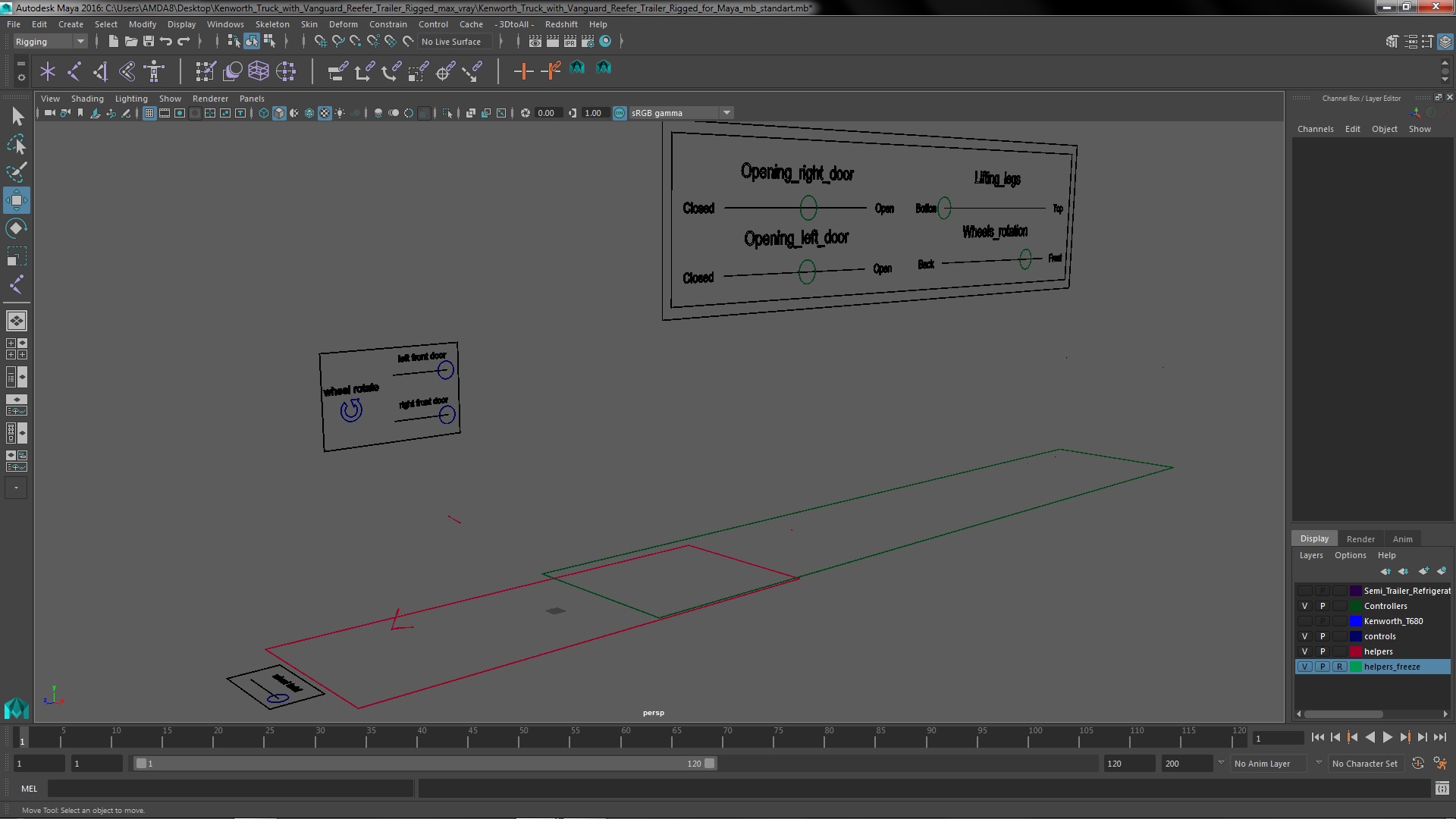 Kenworth Truck with Vanguard Reefer Trailer Rigged for Maya 3D model