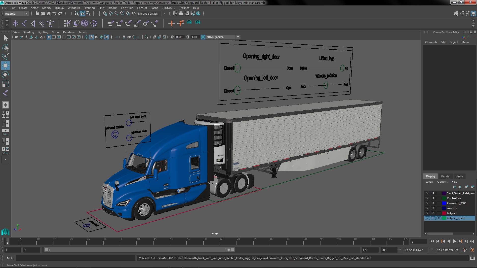 Kenworth Truck with Vanguard Reefer Trailer Rigged for Maya 3D model