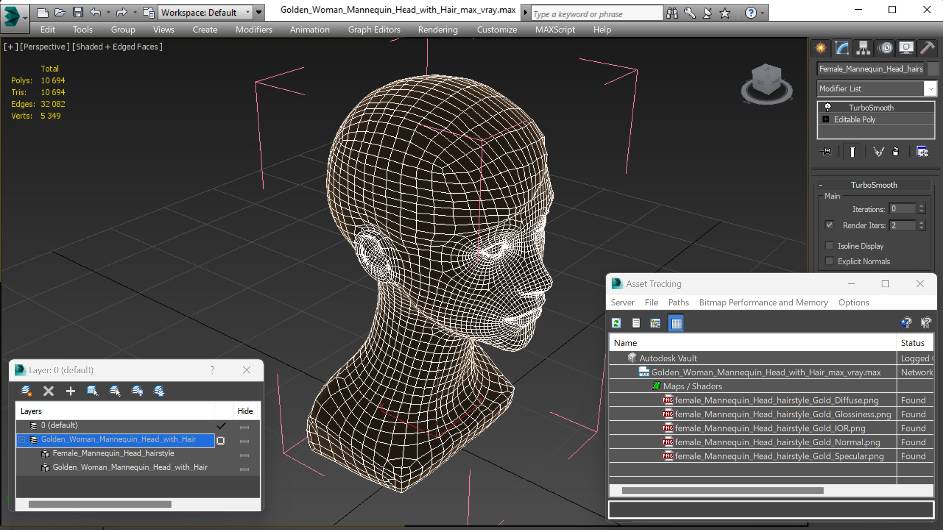Golden Woman Mannequin Head with Hair 3D