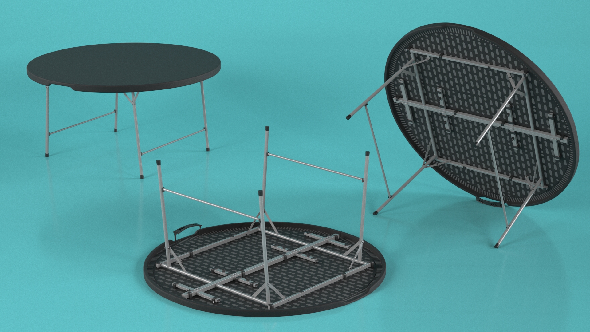 Round Folding Table Black Unfolded 3D model