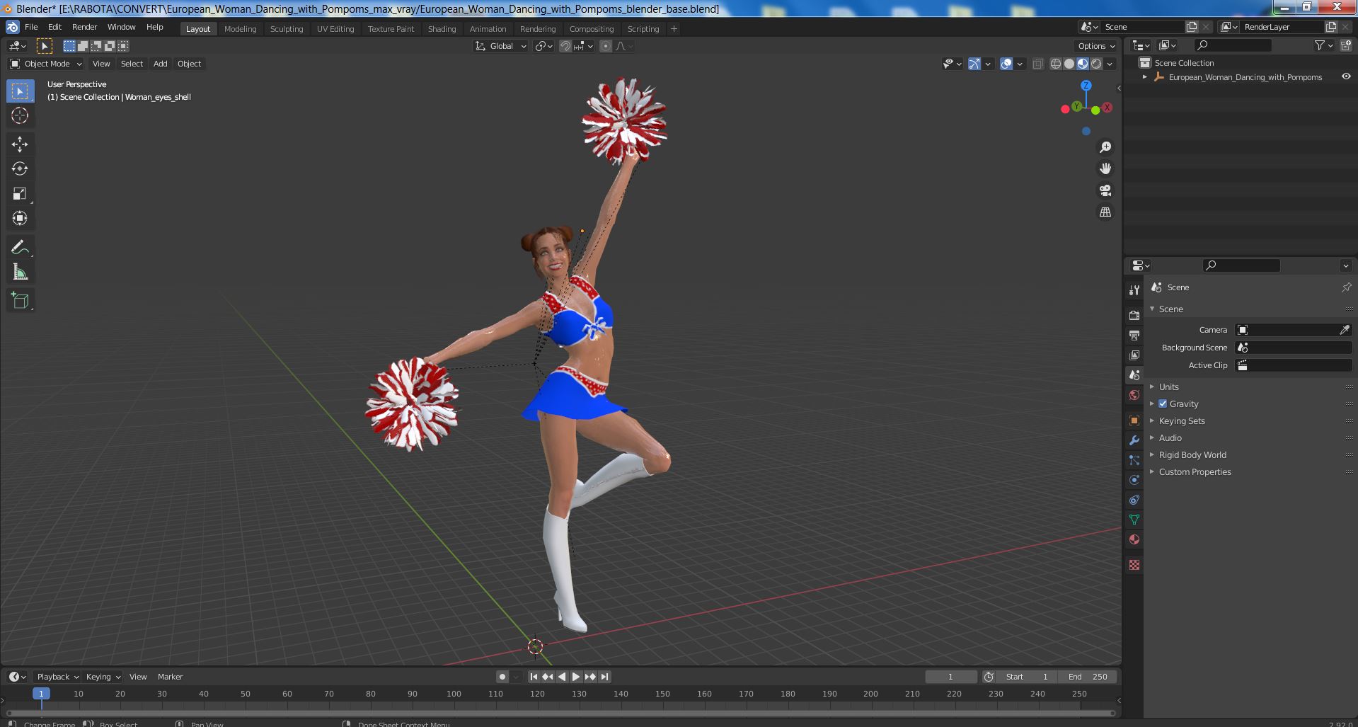 3D model European Woman Dancing with Pompoms