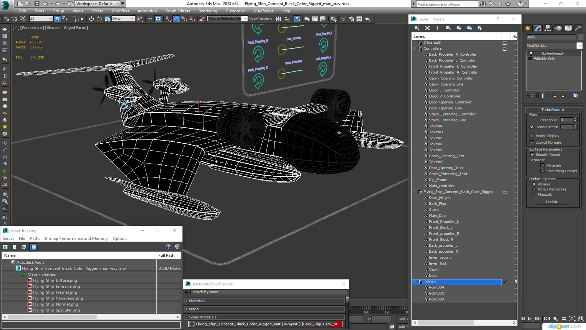 3D Flying Ship Concept Black Color Rigged model