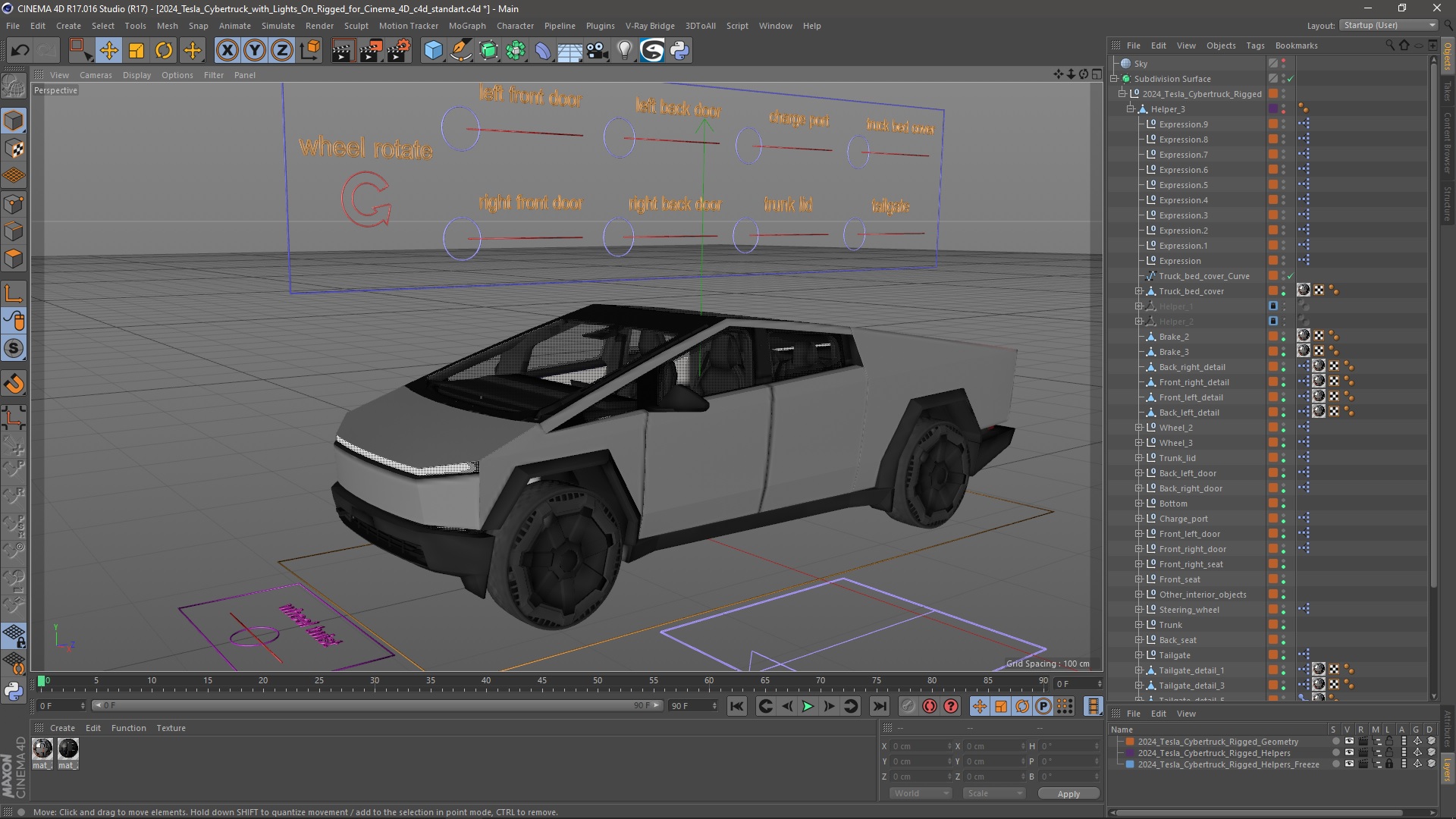2024 Tesla Cybertruck with Lights On Rigged for Cinema 4D 3D