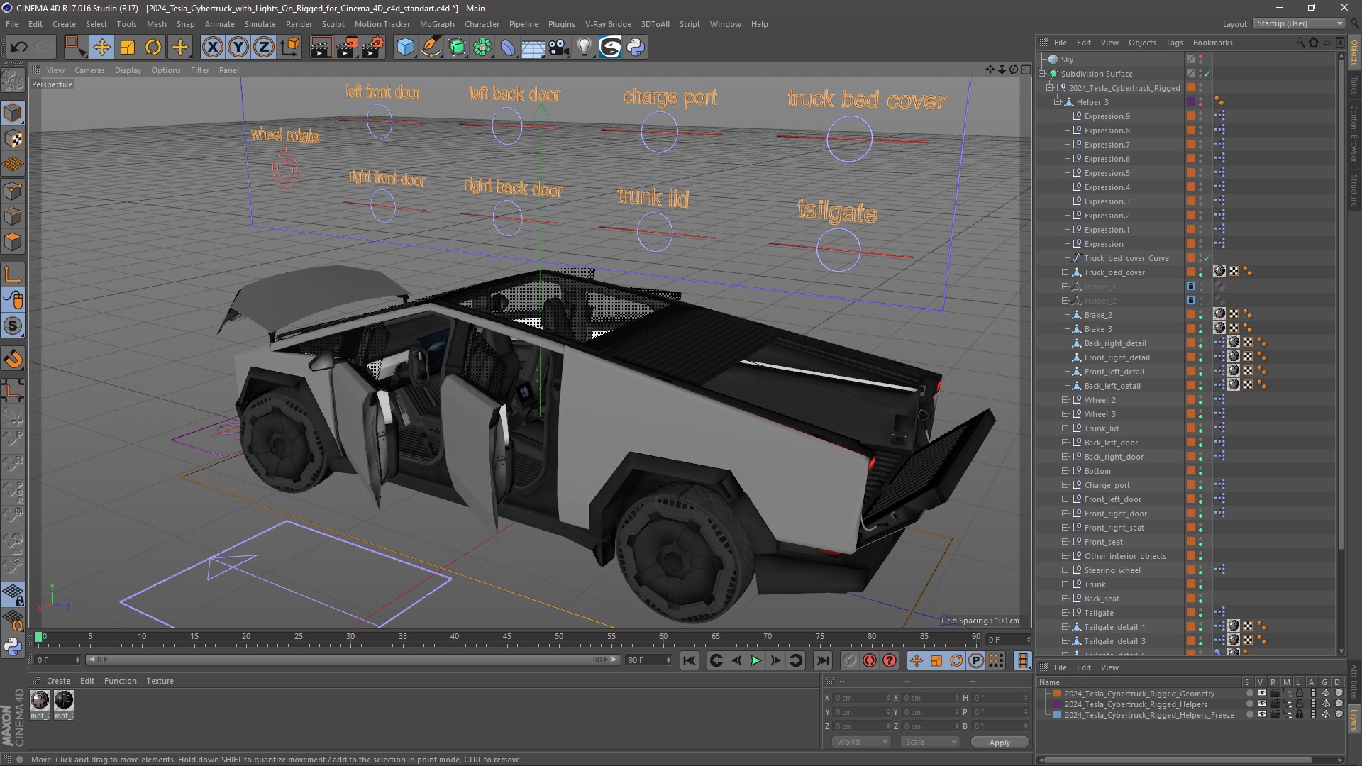 2024 Tesla Cybertruck with Lights On Rigged for Cinema 4D 3D