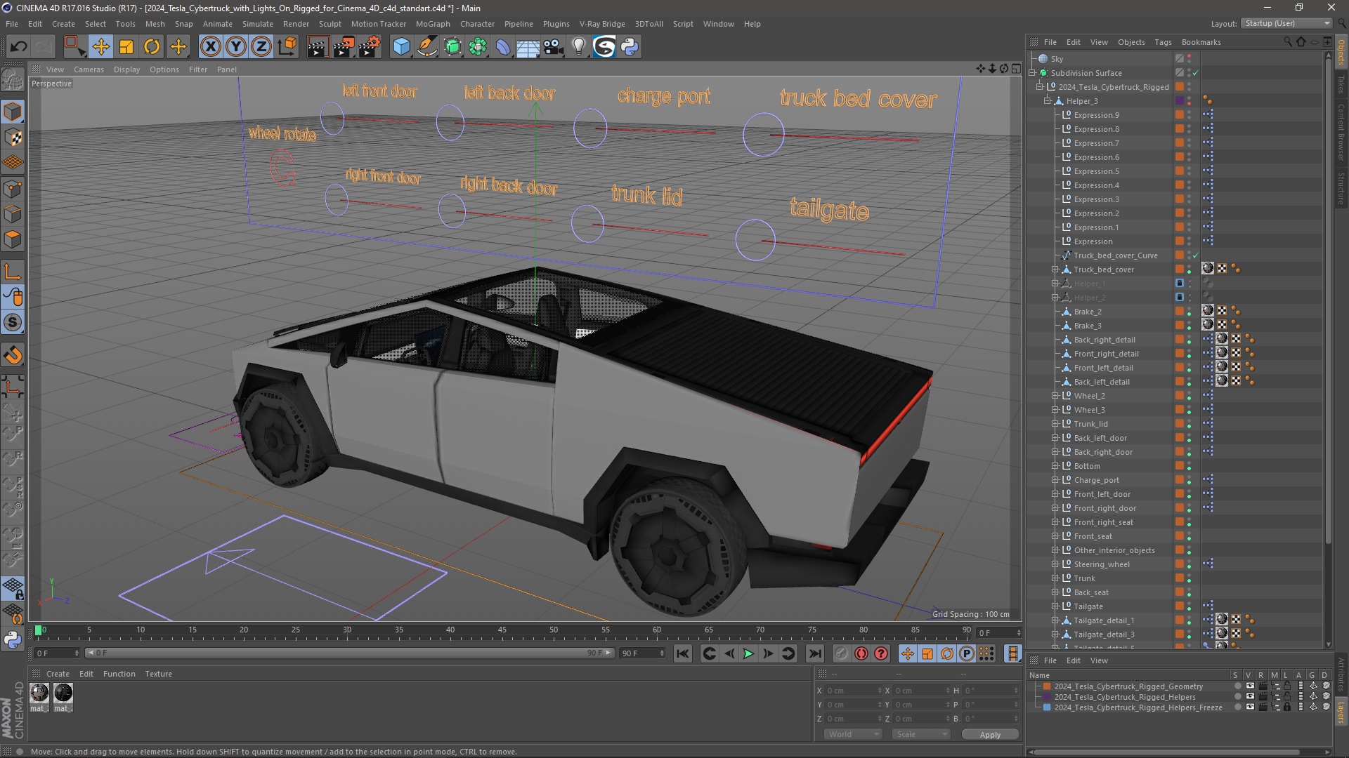 2024 Tesla Cybertruck with Lights On Rigged for Cinema 4D 3D