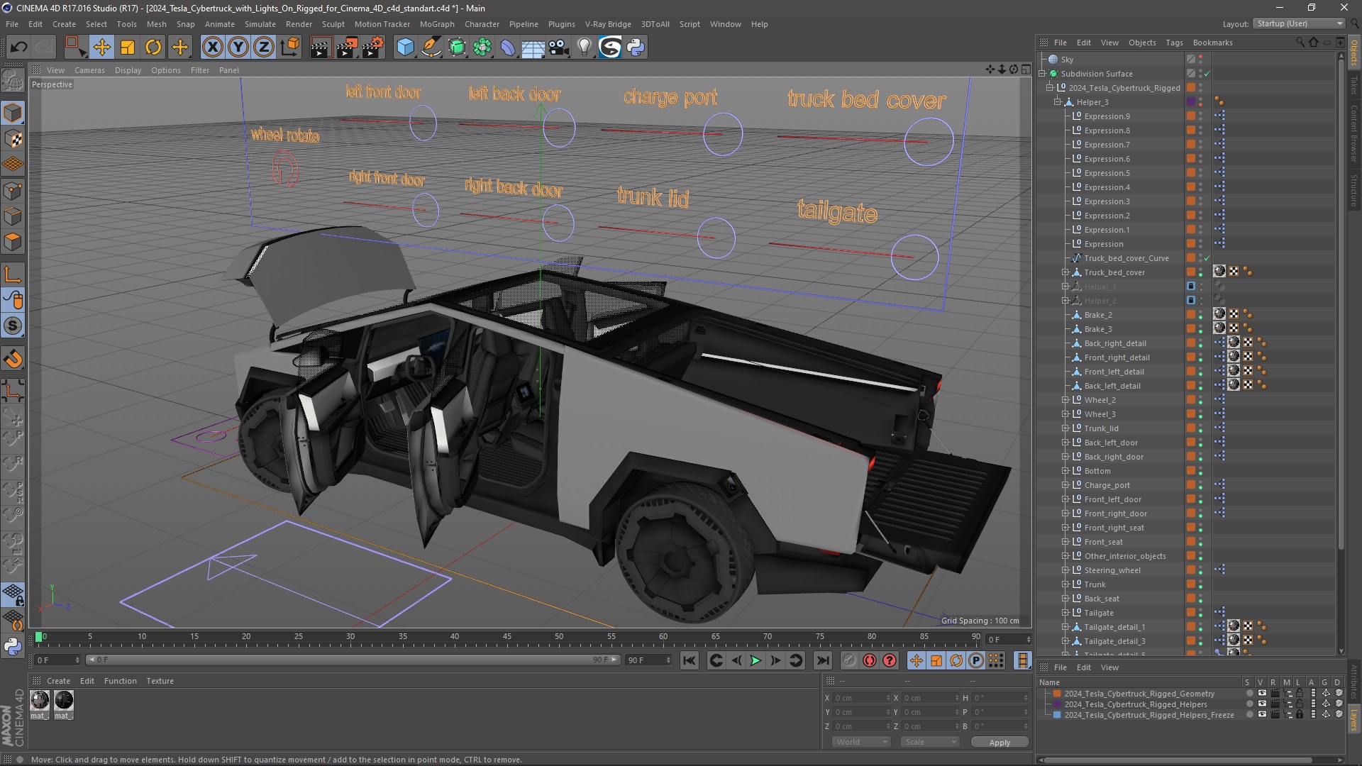 2024 Tesla Cybertruck with Lights On Rigged for Cinema 4D 3D