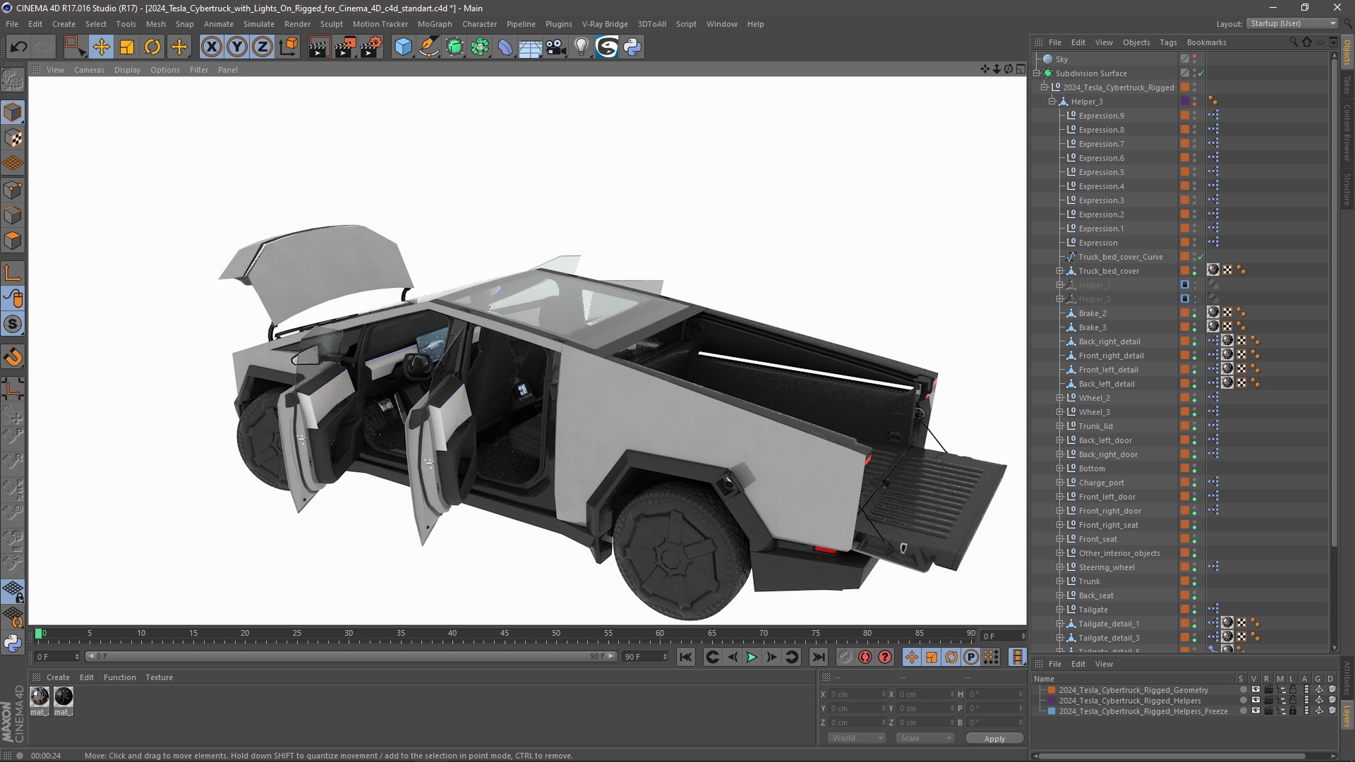 2024 Tesla Cybertruck with Lights On Rigged for Cinema 4D 3D