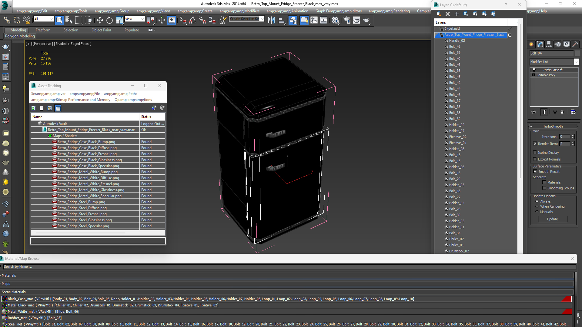 3D Retro Top Mount Fridge Freezer Black