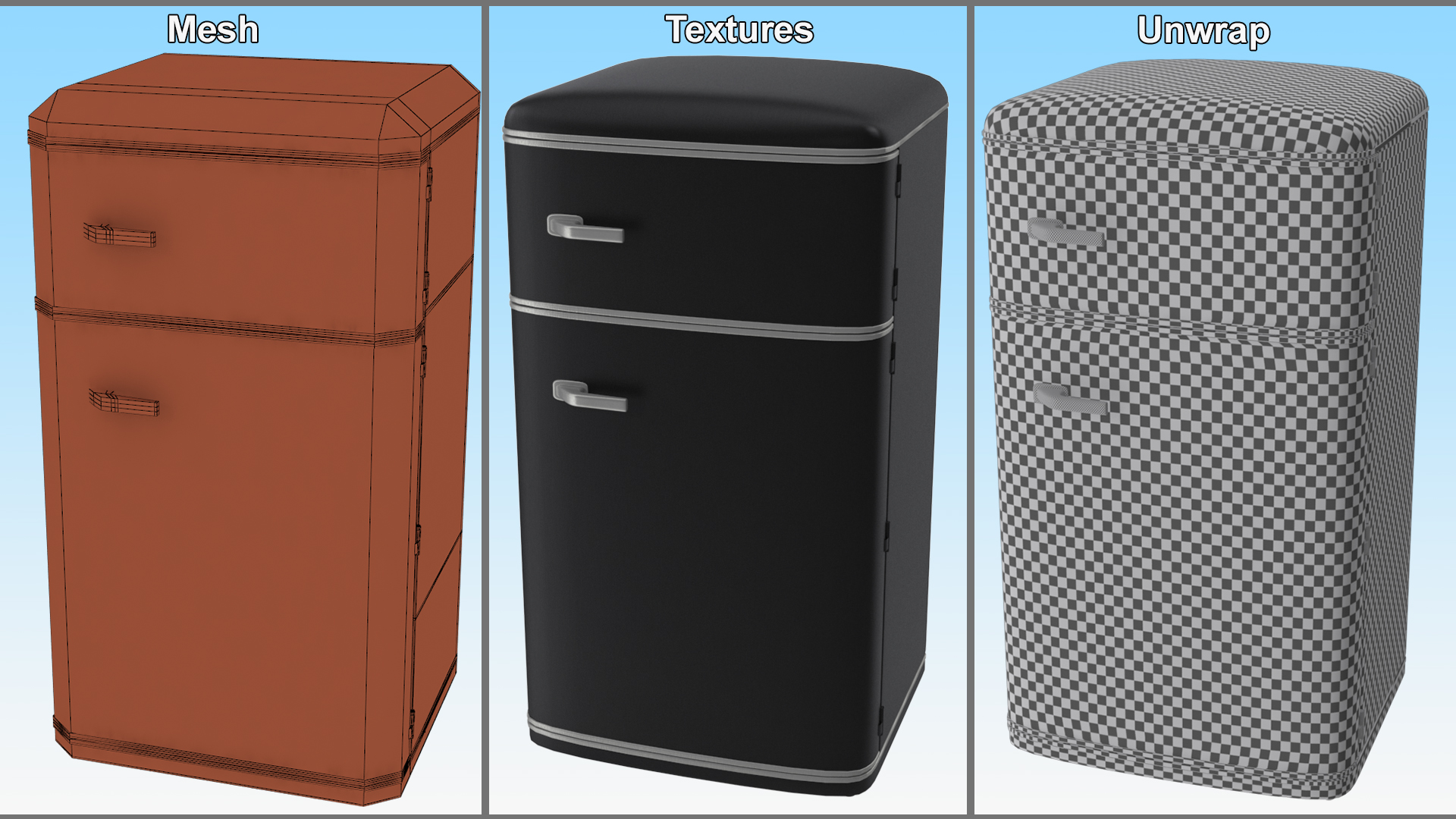 3D Retro Top Mount Fridge Freezer Black
