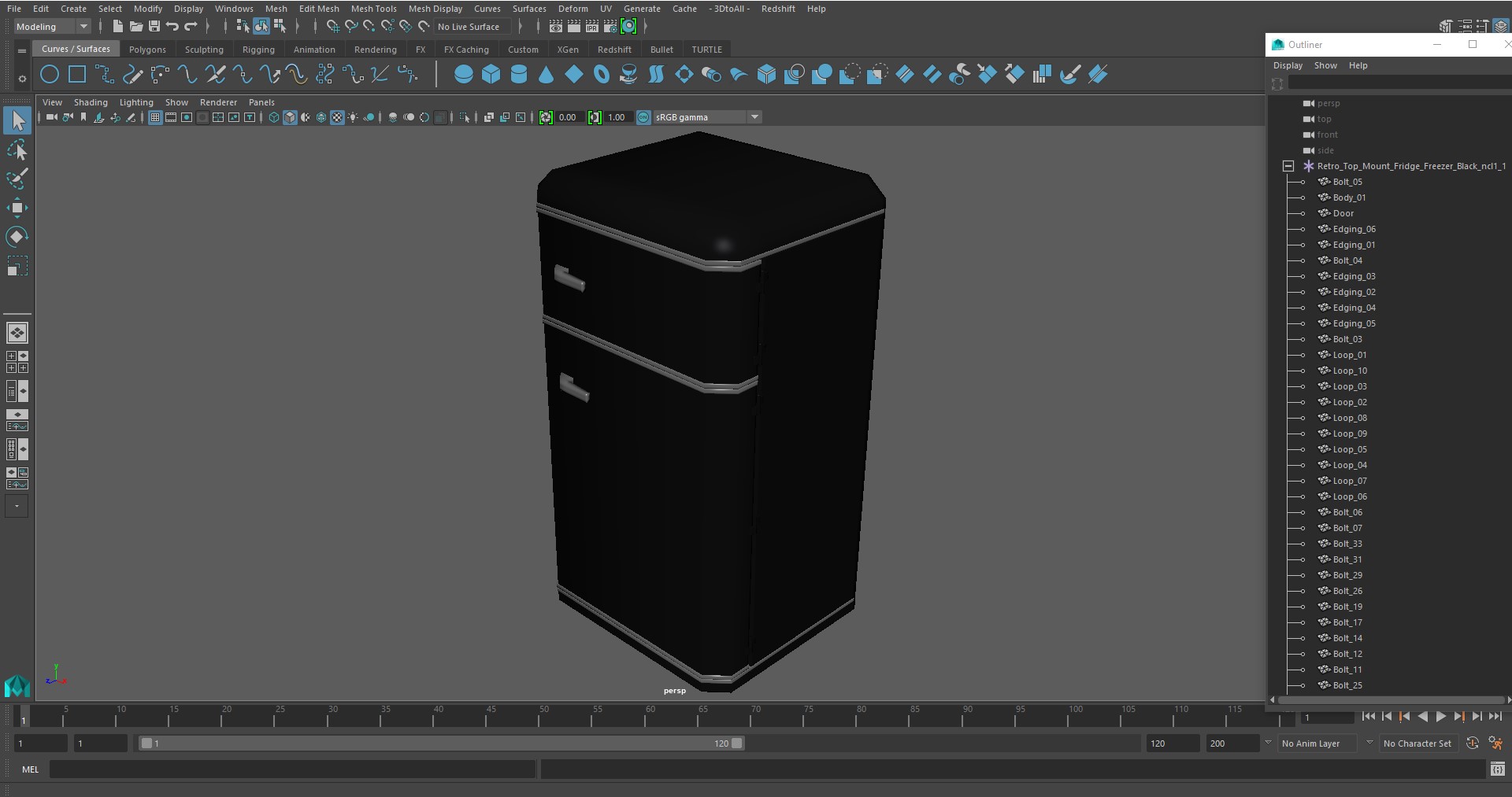 3D Retro Top Mount Fridge Freezer Black
