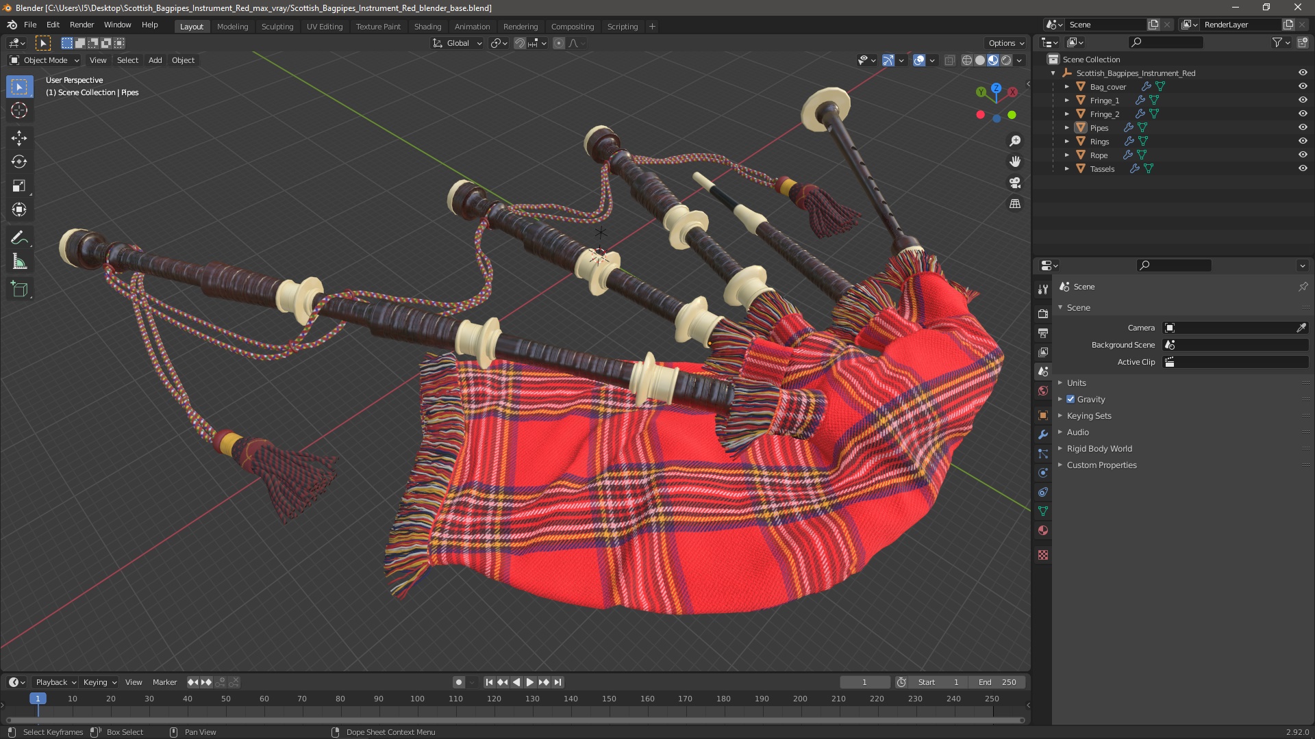 Scottish Bagpipes Instrument Red 3D