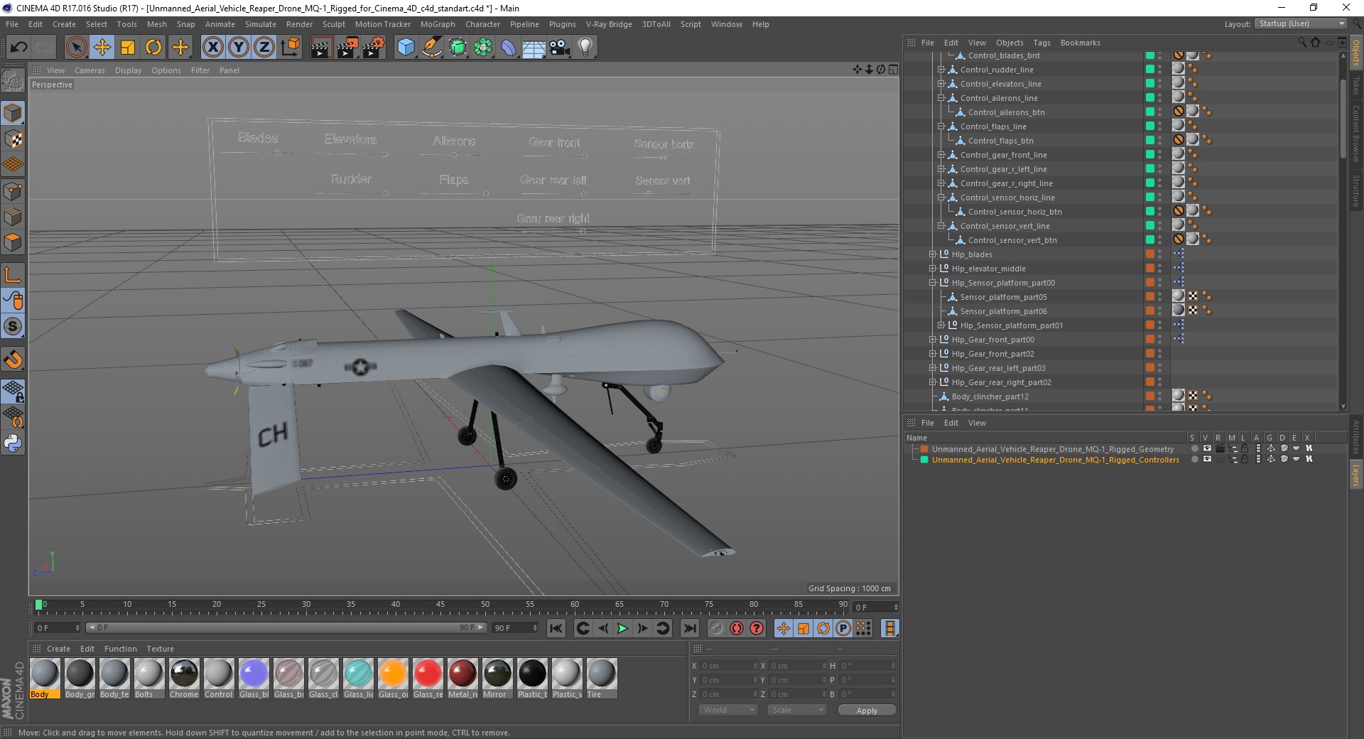 Unmanned Aerial Vehicle Reaper Drone MQ-1 Rigged for Cinema 4D 3D