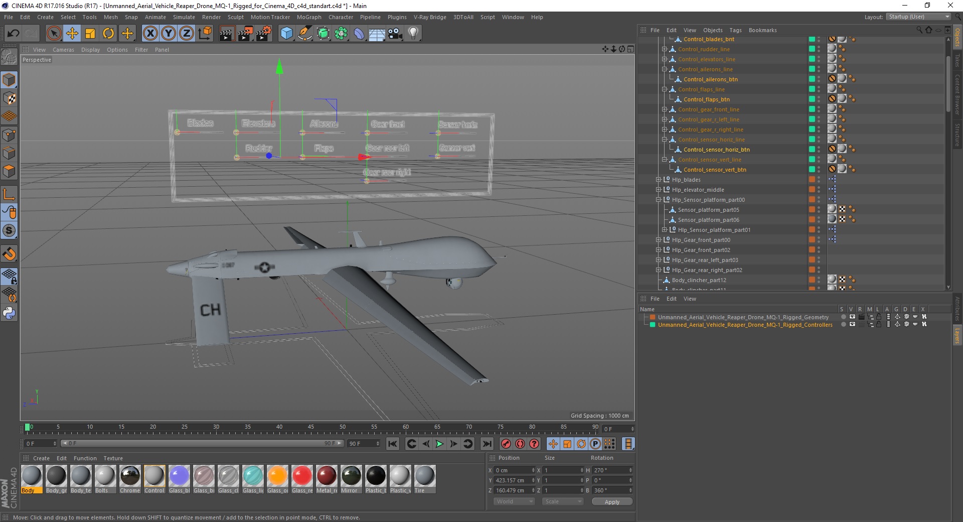 Unmanned Aerial Vehicle Reaper Drone MQ-1 Rigged for Cinema 4D 3D