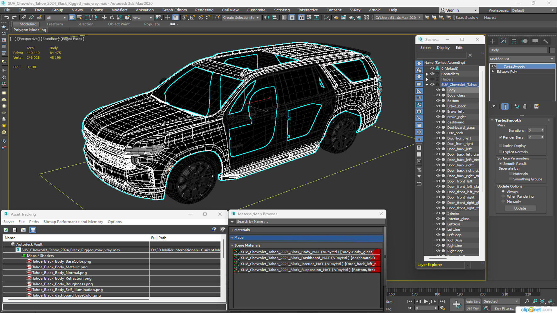 3D SUV Chevrolet Tahoe 2024 Black Rigged for Maya