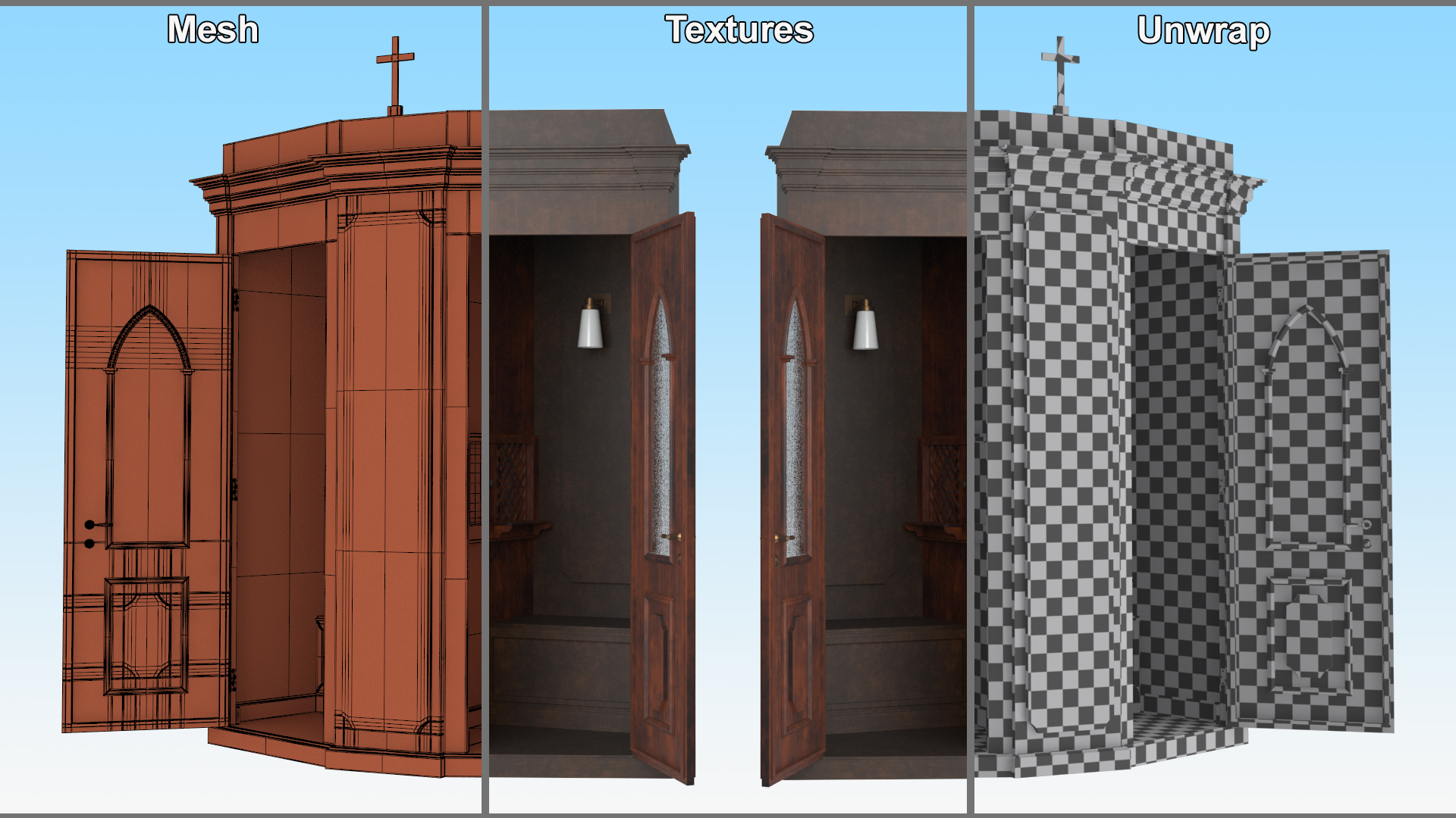3D Confessional Booth Dark Wood Open model