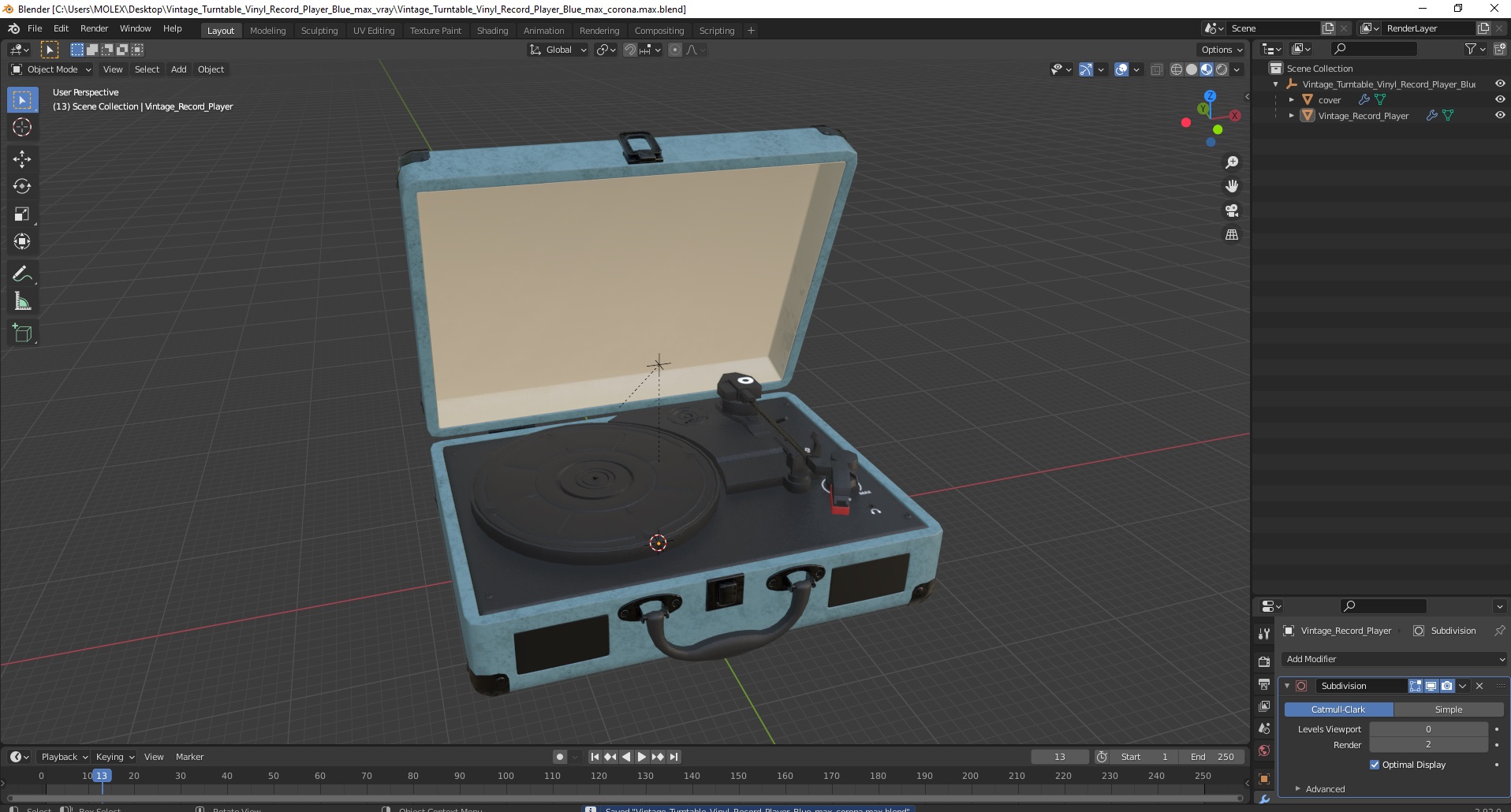 Vintage Turntable Vinyl Record Player Blue 3D