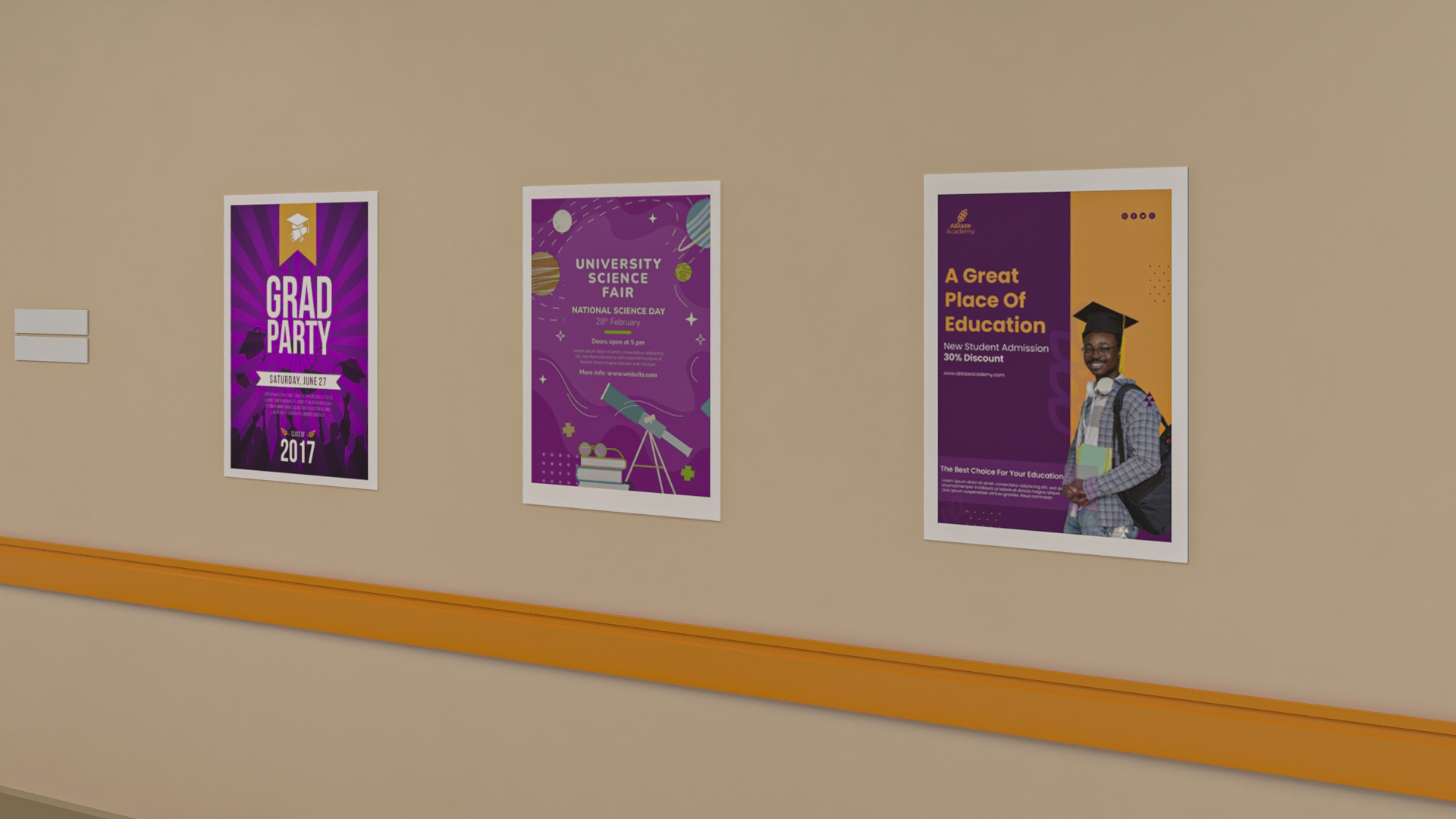 3D University Corridor Corner with People model
