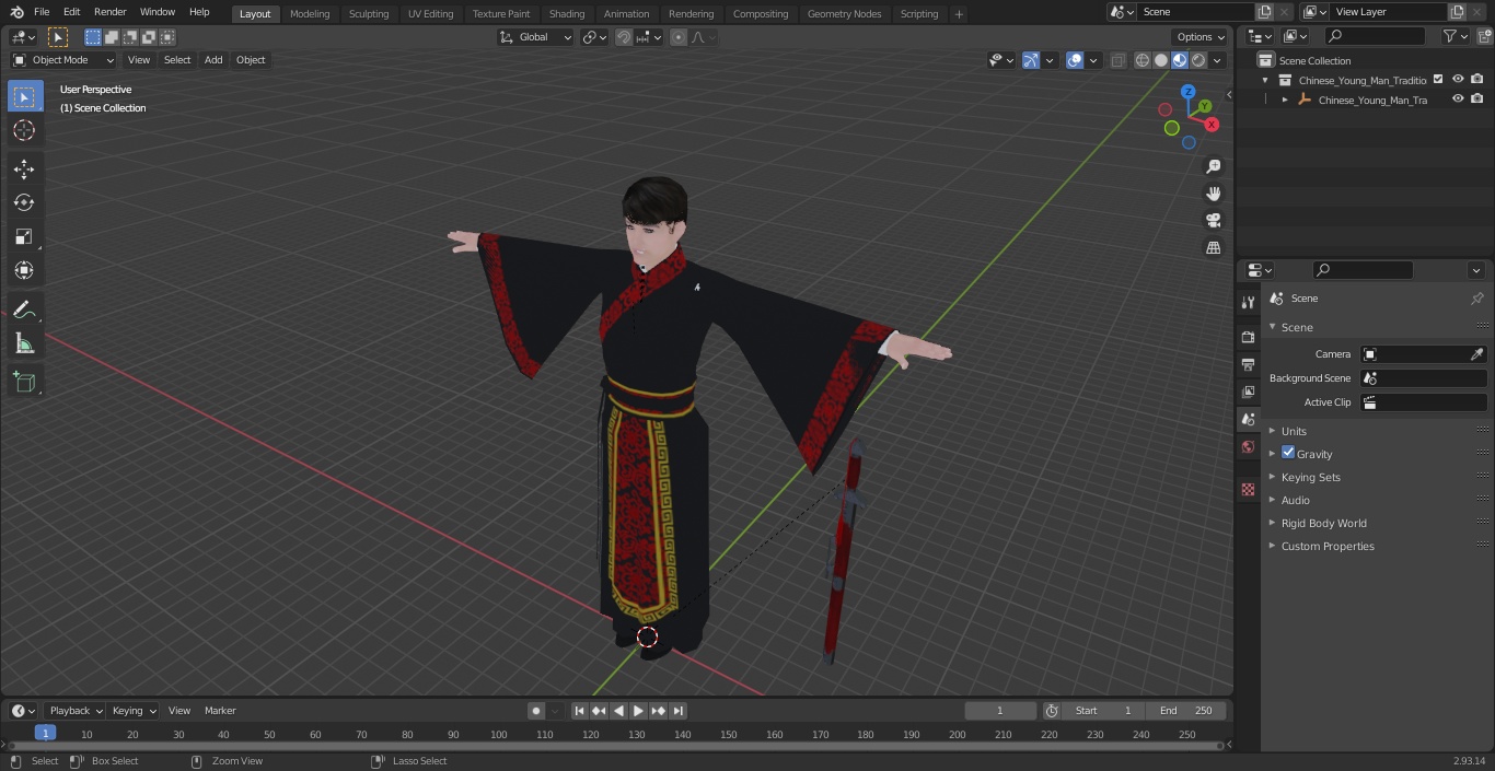 Chinese Young Man Traditional Style T-pose 3D