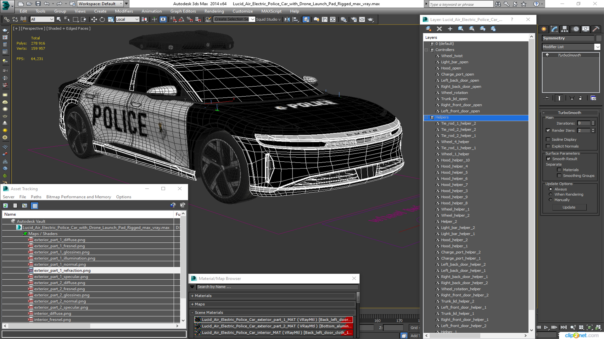 Lucid Air Electric Police Car with Drone Launch Pad Rigged for Cinema 4D 3D