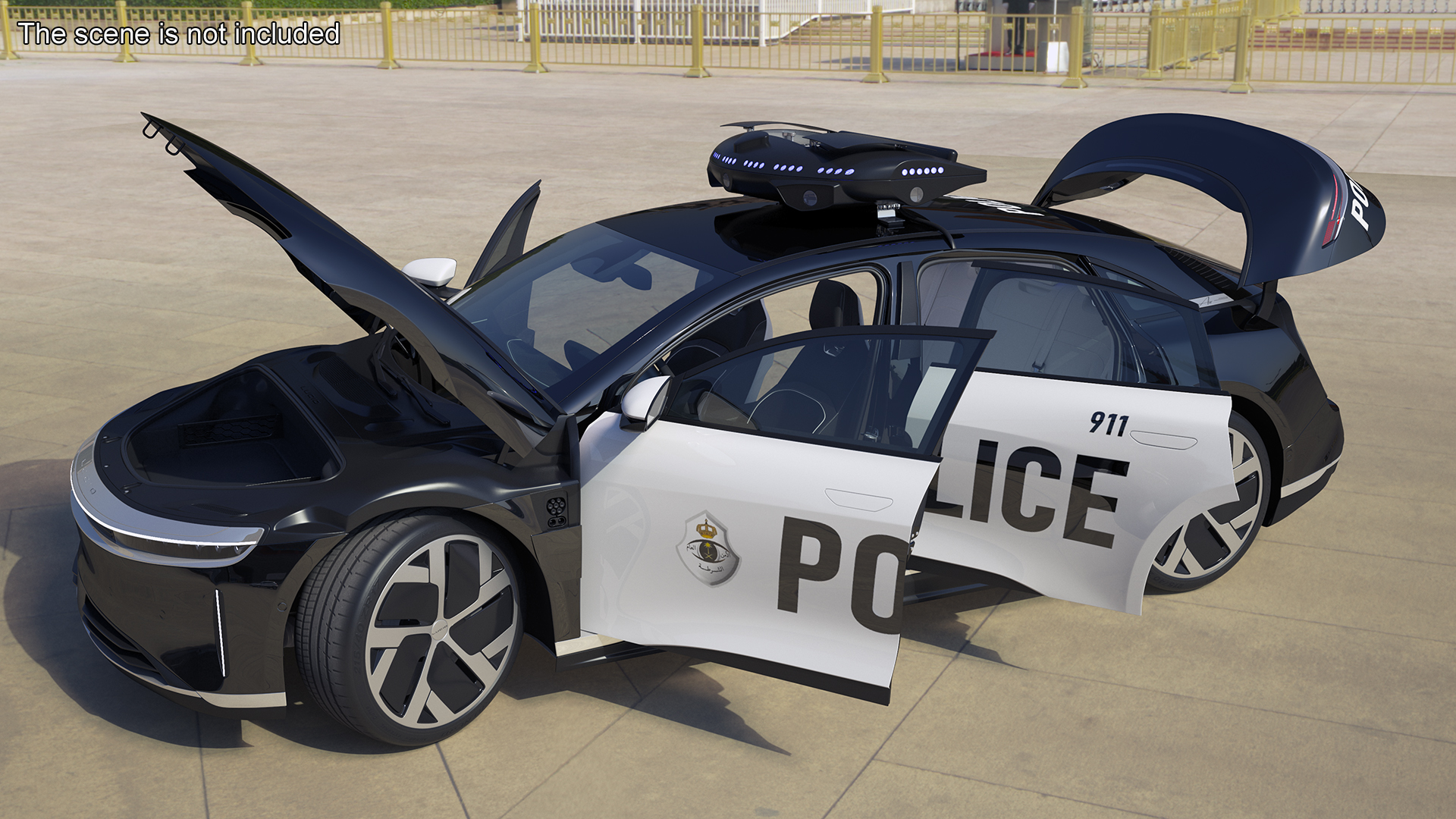 Lucid Air Electric Police Car with Drone Launch Pad Rigged for Cinema 4D 3D