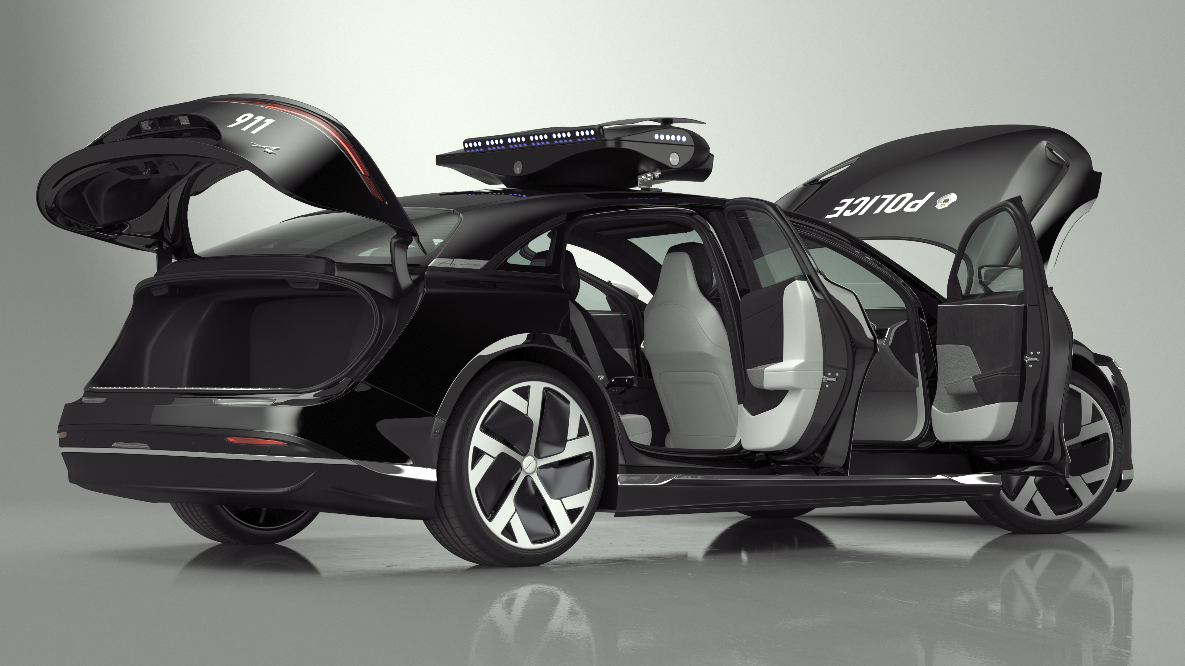 Lucid Air Electric Police Car with Drone Launch Pad Rigged for Cinema 4D 3D