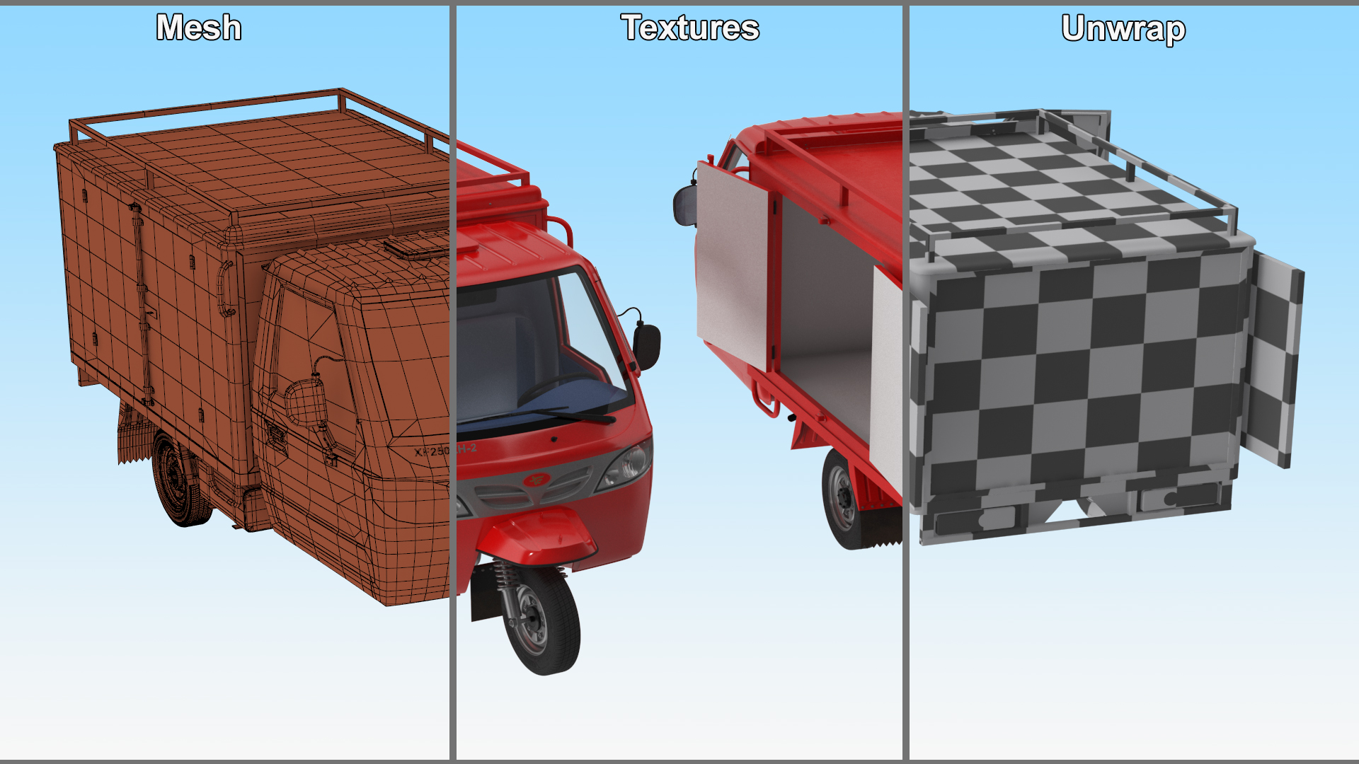 3D Delivery Trike with Close Body Red Rigged
