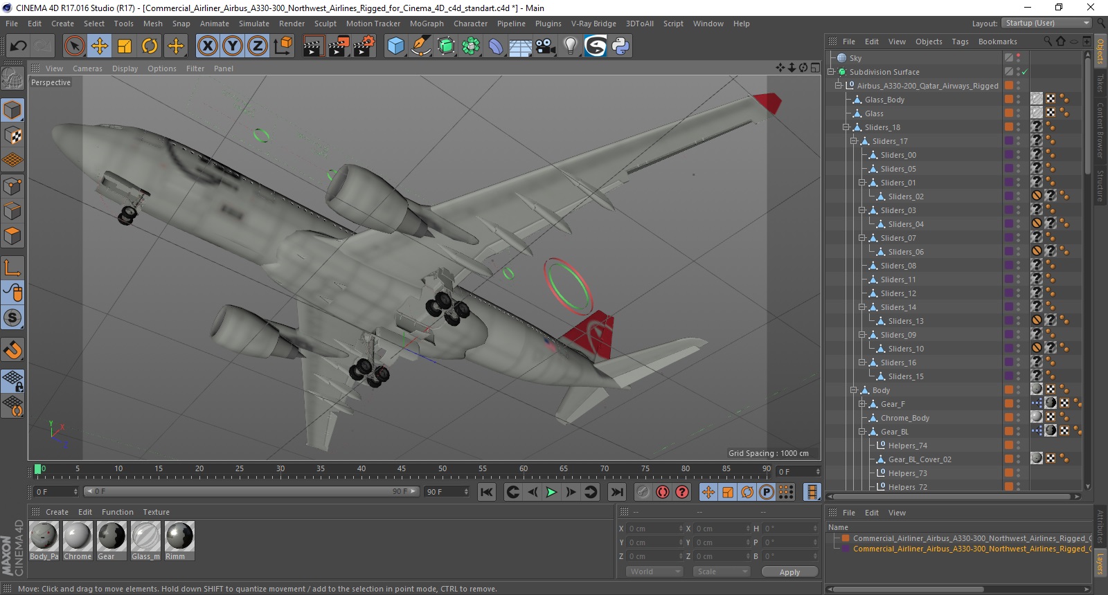 3D model Commercial Airliner Airbus A330-300 Northwest Airlines Rigged for Cinema 4D