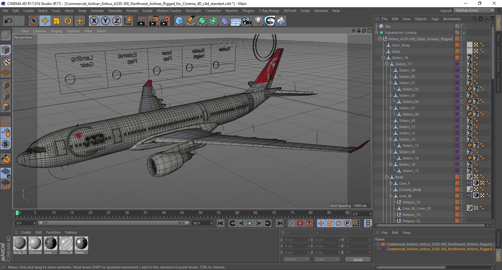 3D model Commercial Airliner Airbus A330-300 Northwest Airlines Rigged for Cinema 4D