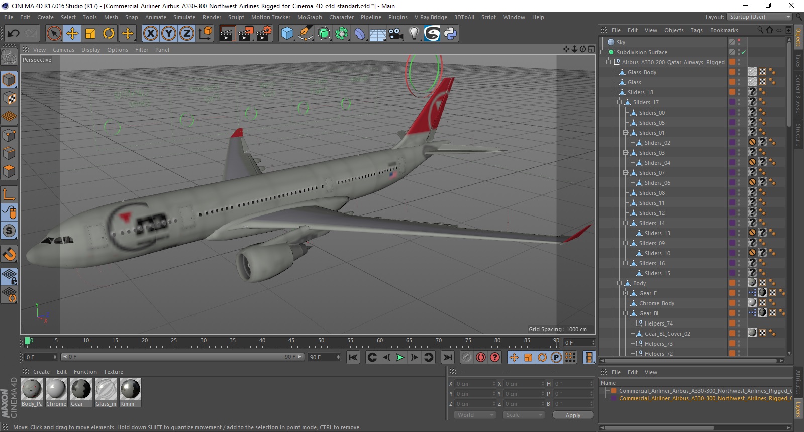 3D model Commercial Airliner Airbus A330-300 Northwest Airlines Rigged for Cinema 4D