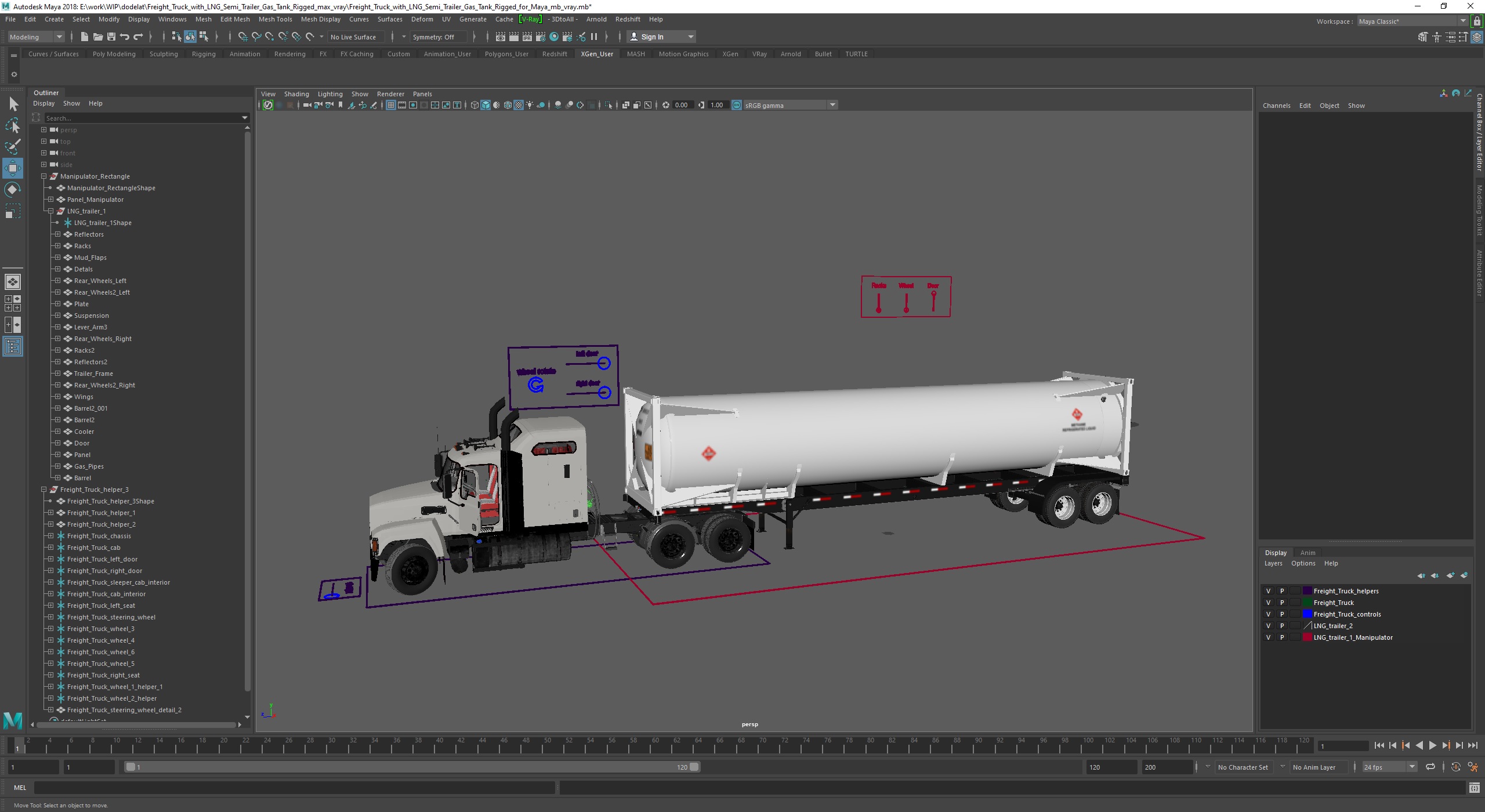 3D model Freight Truck with LNG Semi Trailer Gas Tank Rigged for Maya