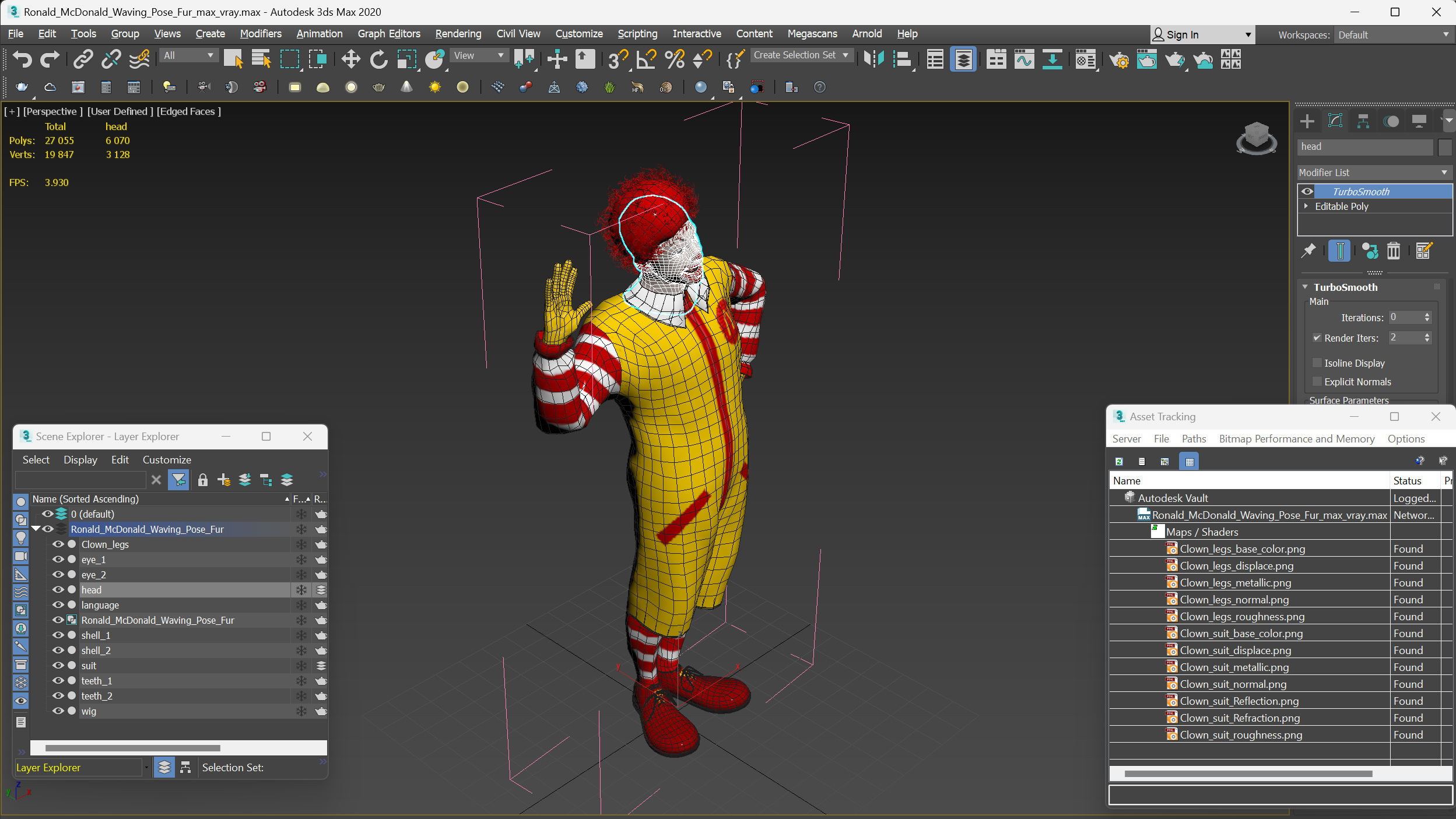 3D Ronald McDonald Waving Pose Fur