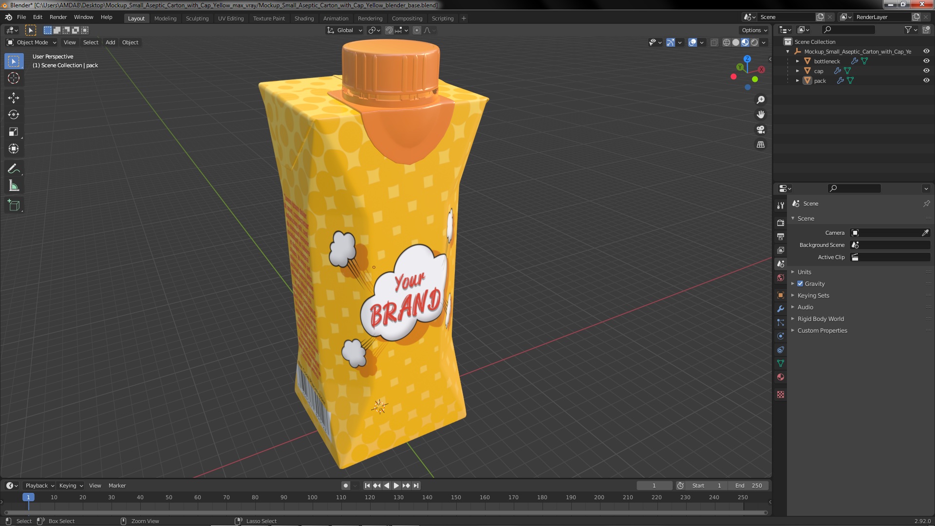 3D Mockup Small Aseptic Carton with Cap Yellow model