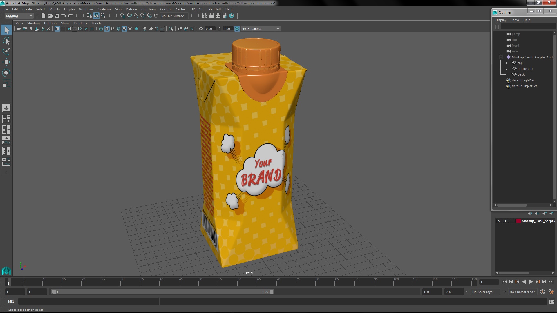 3D Mockup Small Aseptic Carton with Cap Yellow model