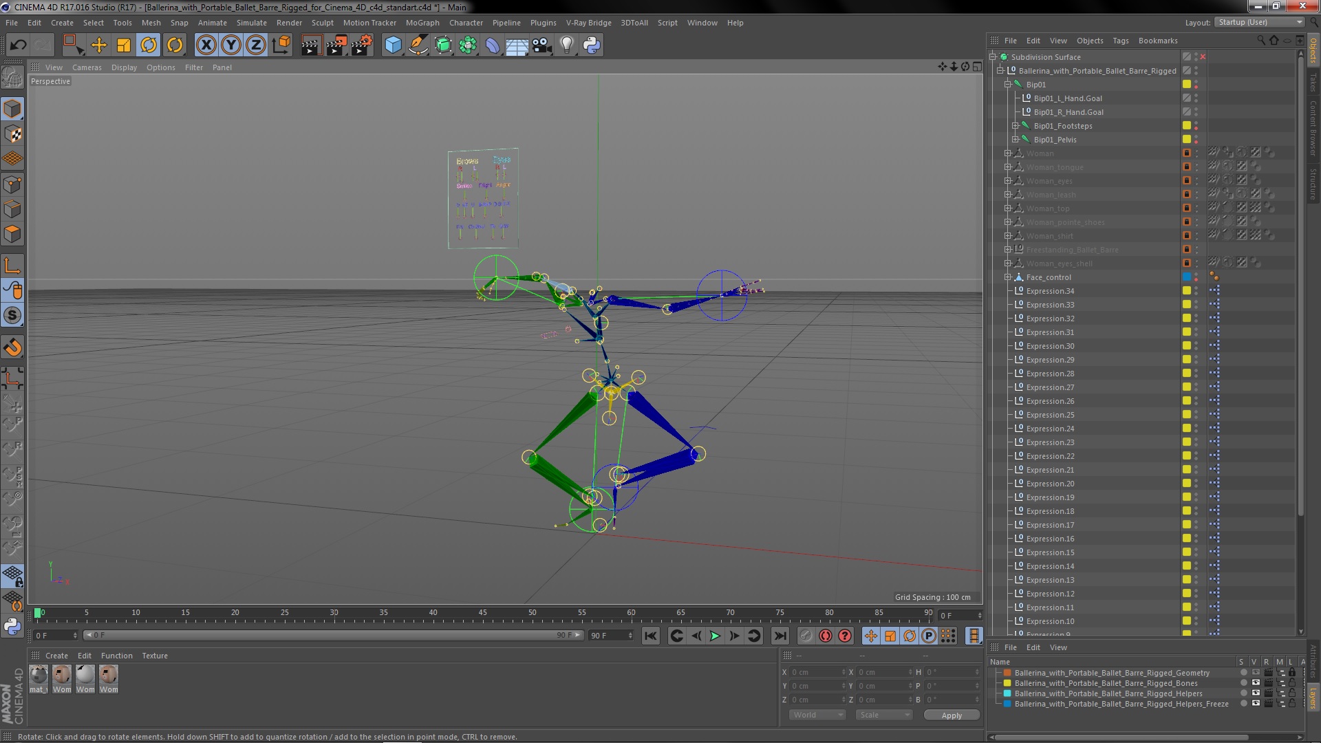 Ballerina with Portable Ballet Barre Rigged for Cinema 4D 3D
