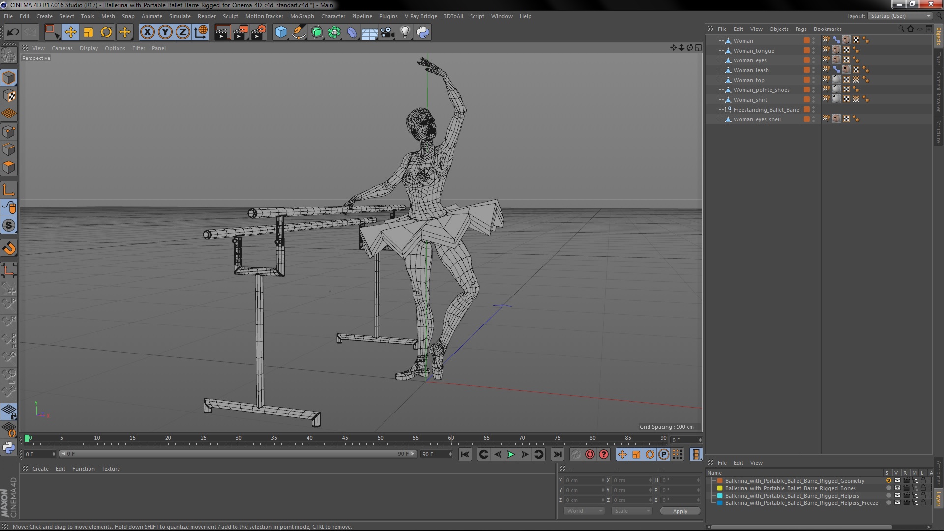 Ballerina with Portable Ballet Barre Rigged for Cinema 4D 3D