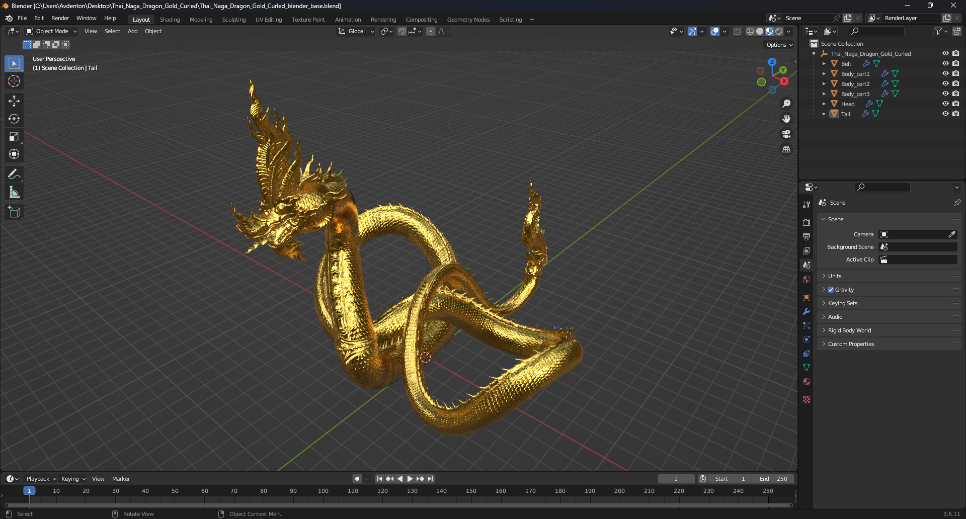 3D Thai Naga Dragon Gold Curled model